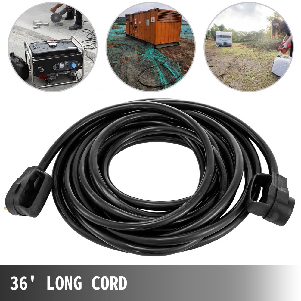 Cable de extensión VEVOR RV, 36&#039; de largo, negro, para uso intensivo en exteriores en diversos entornos.