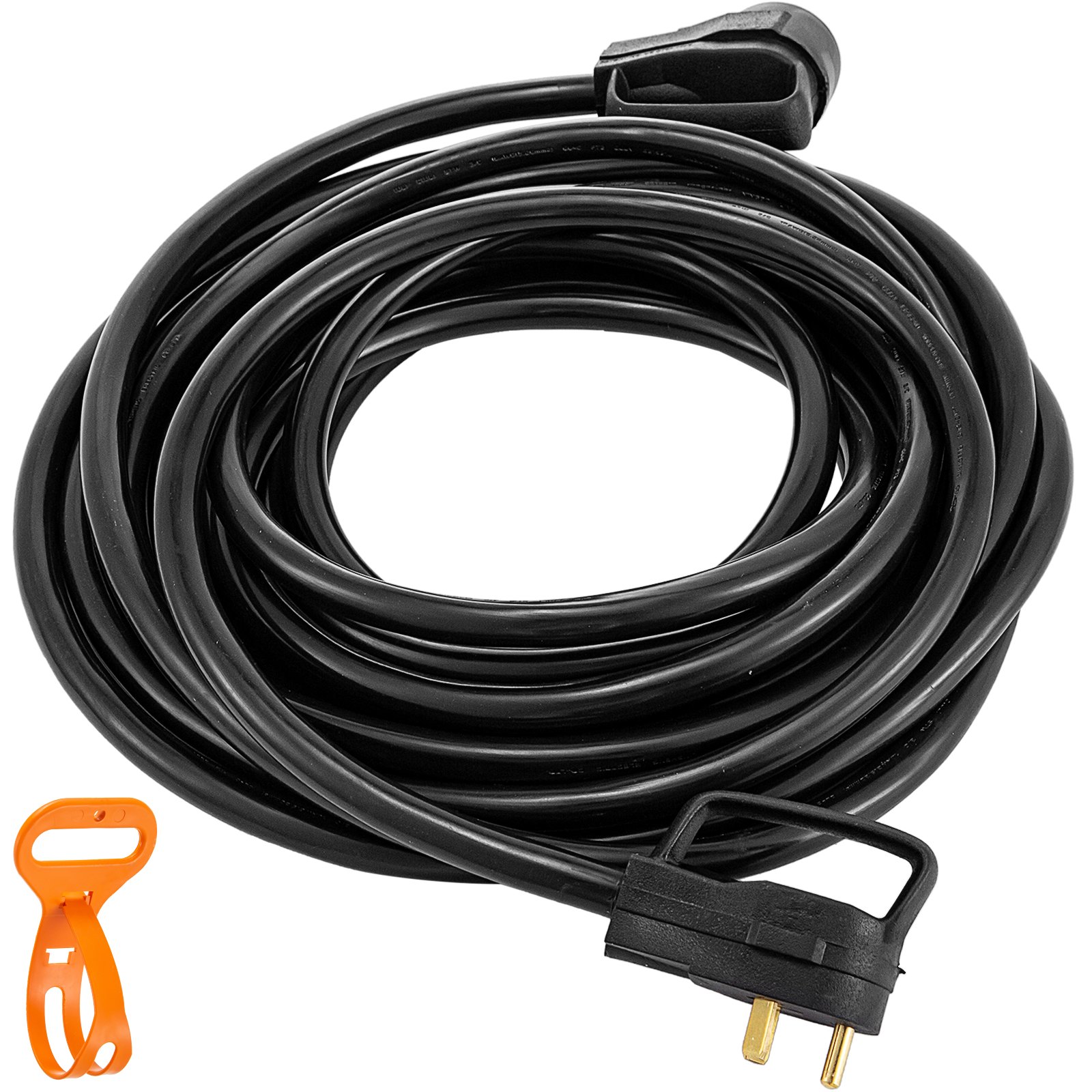 Cable de extensión para RV VEVOR negro con enchufes moldeados y un organizador de cable naranja.