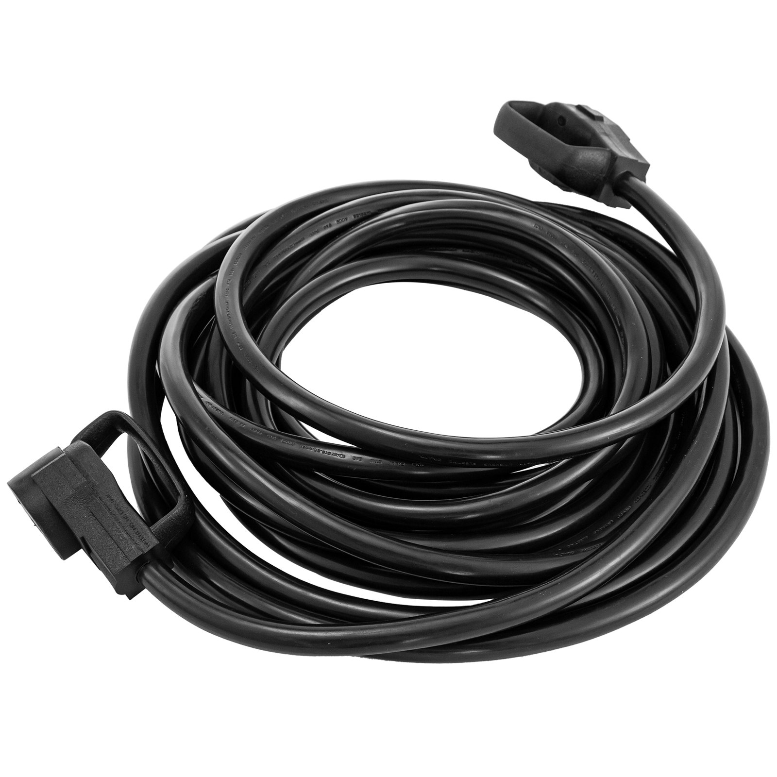 Cable de extensión VEVOR RV enrollado en color negro con extremos de enchufe y toma.