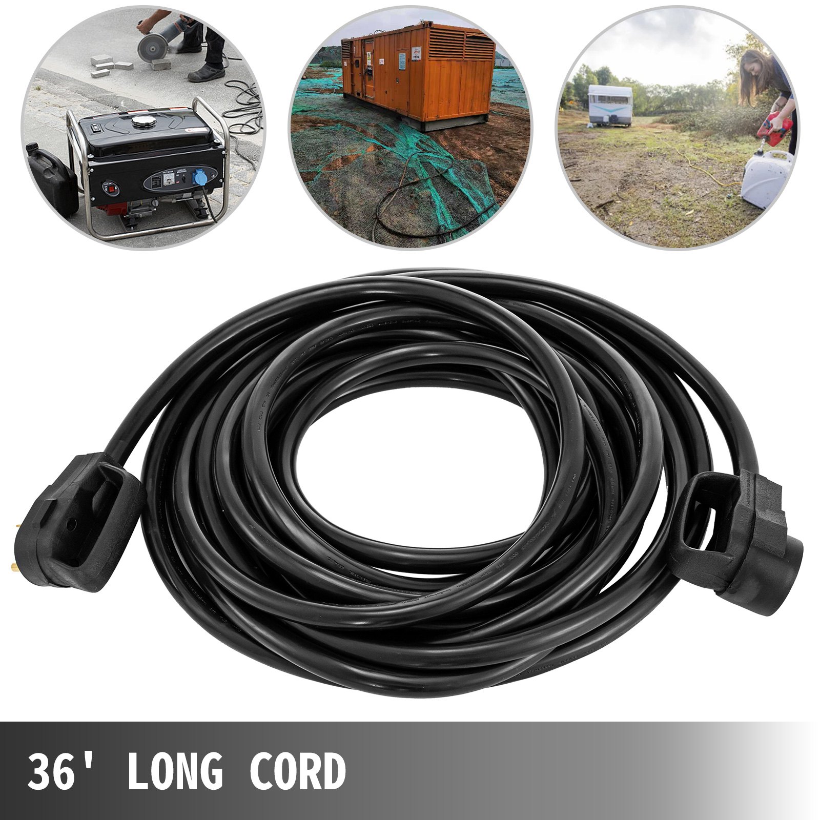 Cable de extensión VEVOR RV, 36&#039; de largo, negro, para uso intensivo en exteriores en diversos entornos.