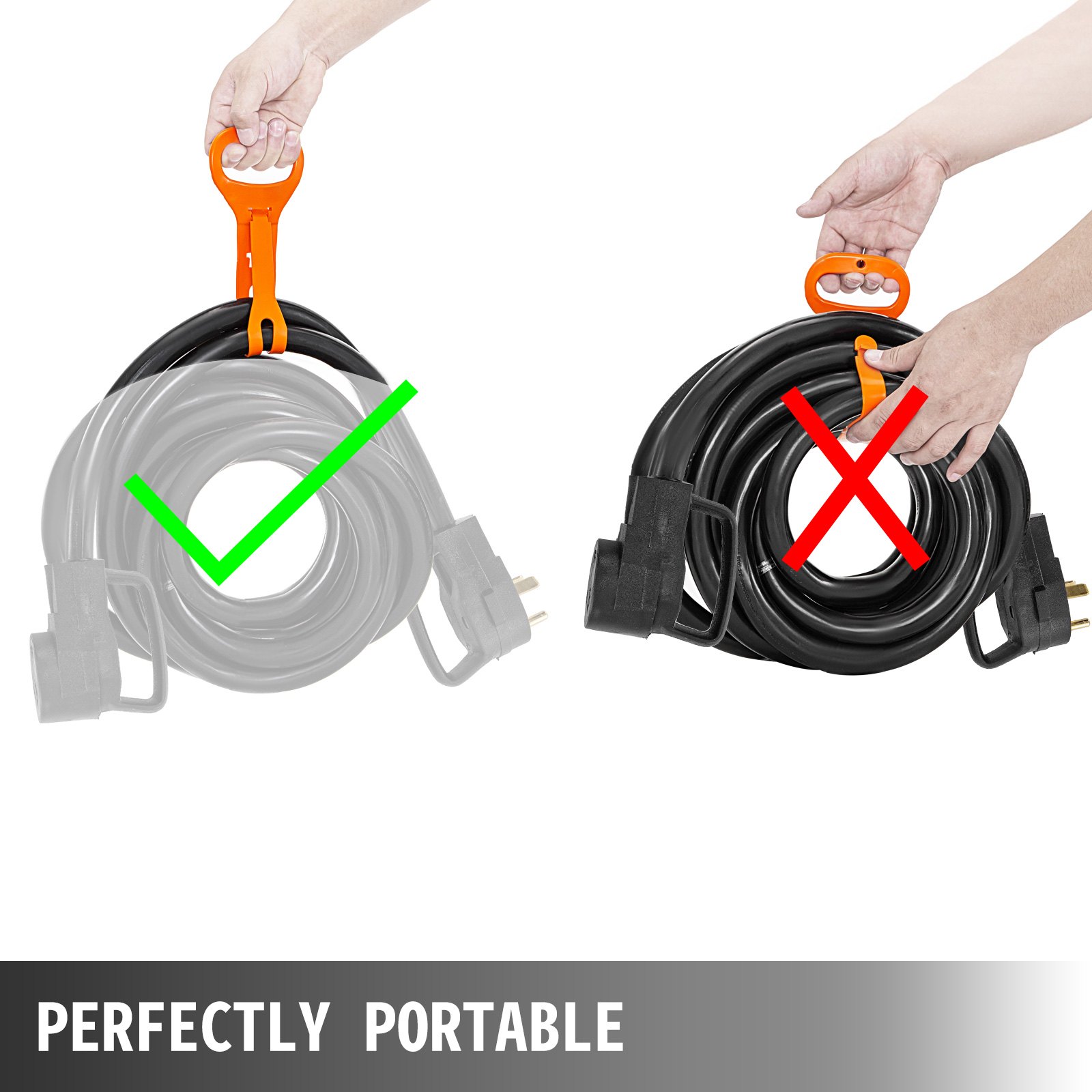 Asa de transporte para cable de extensión VEVOR rv con métodos correctos e incorrectos.