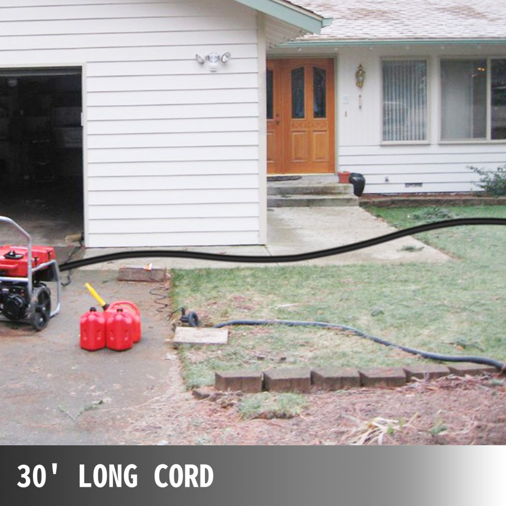 Casa con cable de alimentación VEVOR rv que va desde el generador hasta el garaje, bidones de combustible cerca.