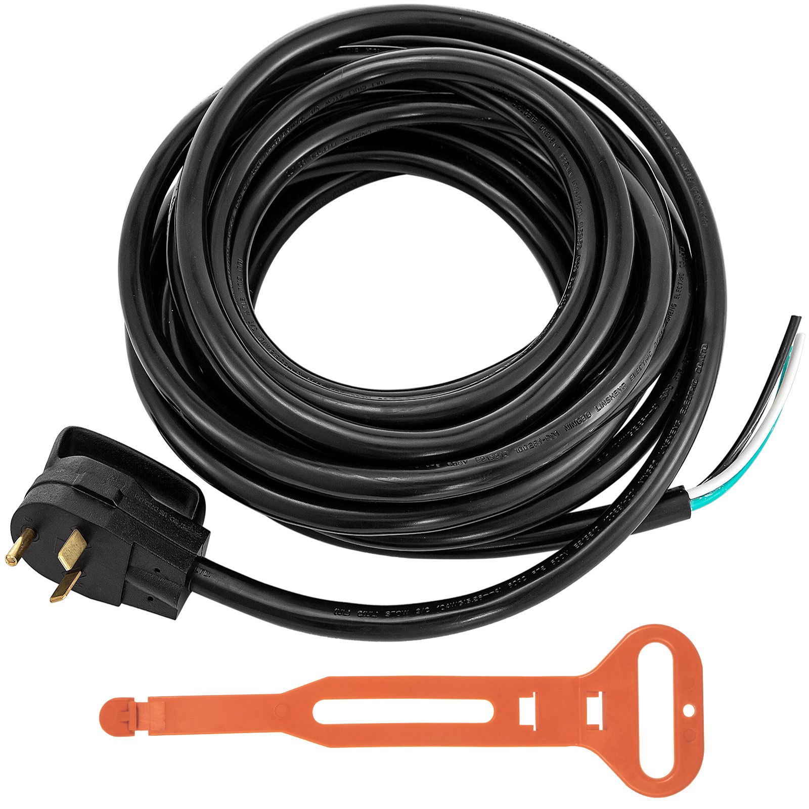 Cable de alimentación VEVOR RV negro con correa y enchufe naranja, enrollado y listo para usar.