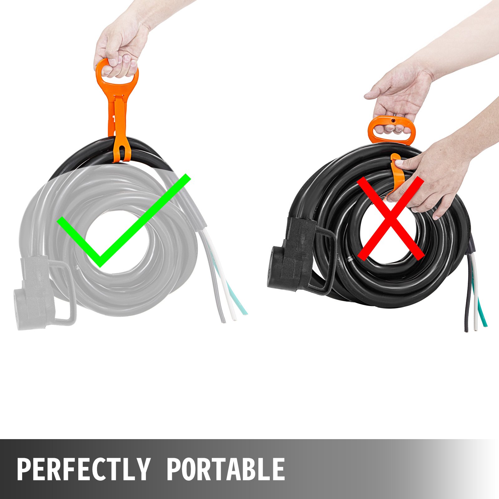 Cable de alimentación VEVOR rv sujeto con un mango naranja, lo que demuestra una fácil portabilidad.