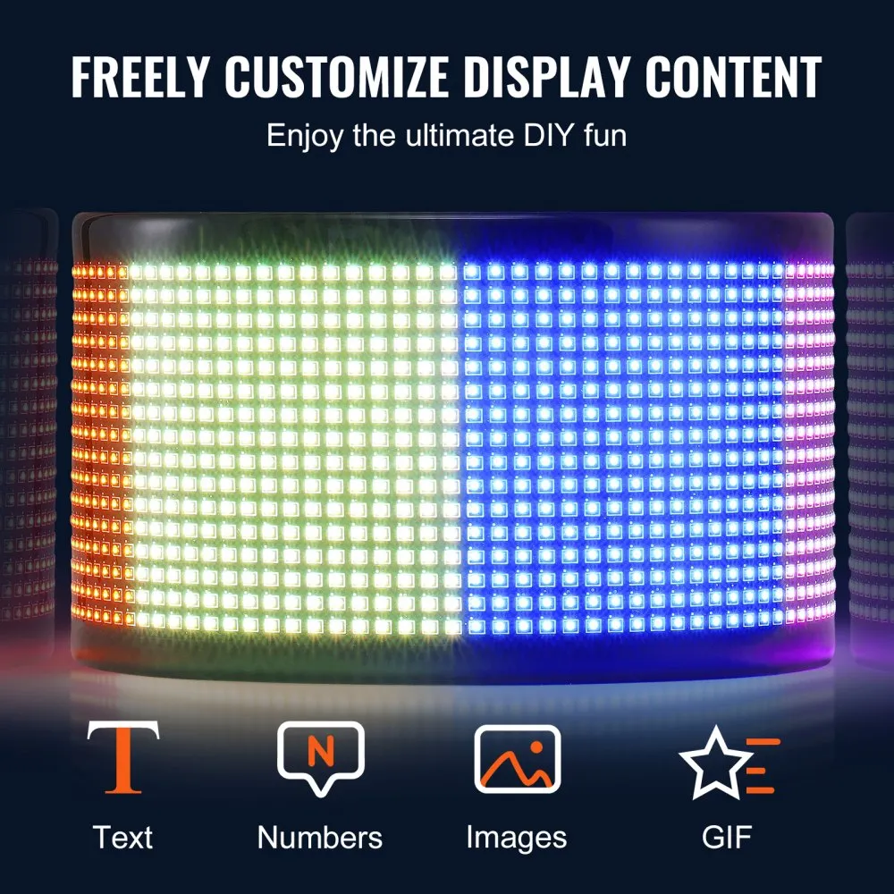 Letrero LED programable VEVOR con texto, números, imágenes y gifs personalizables para exhibición de bricolaje.