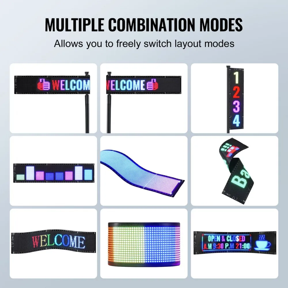 Letrero LED programable VEVOR que muestra diversos diseños y pantallas de colores vibrantes en múltiples modos.