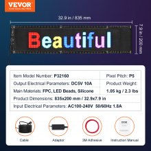 Letrero LED programable VEVOR, panel de desplazamiento LED a todo color P5, tablero de visualización de patrones de animación de texto personalizado DIY, letrero de tienda con mensaje de control de aplicación Bluetooth para publicidad en automóviles, 32,9 "x 8
