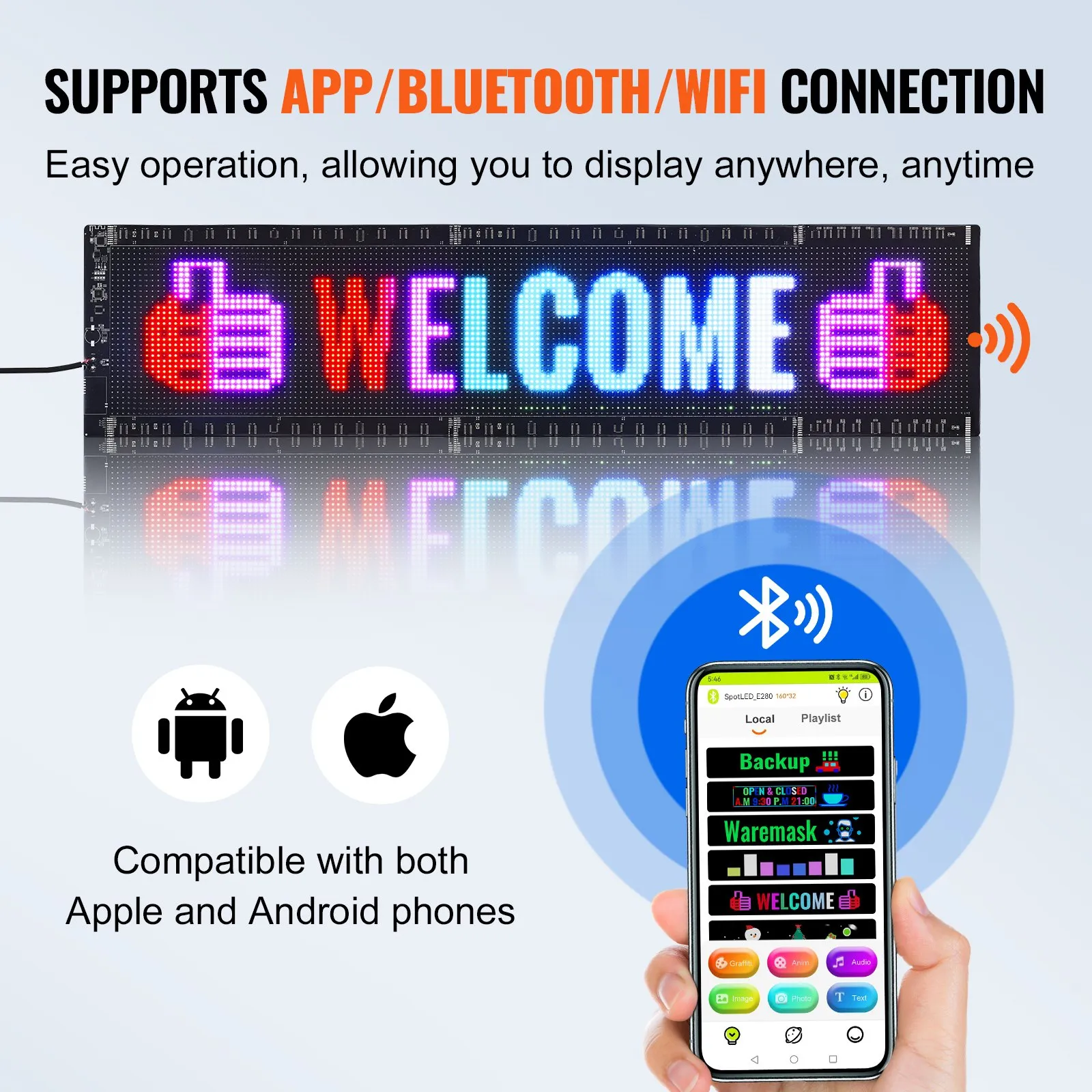 Letrero LED programable VEVOR con conectividad bluetooth, aplicación y wifi. Compatible con Apple y Android.