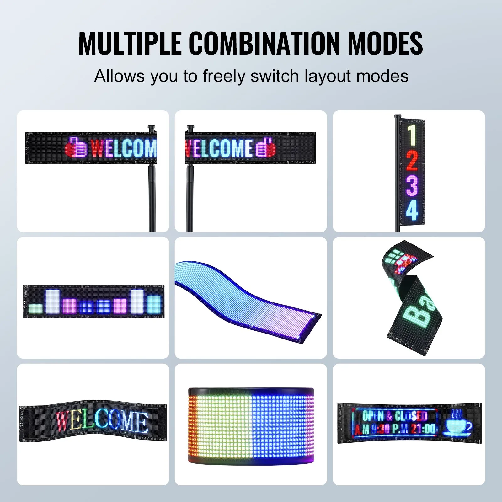 Letrero LED programable VEVOR que muestra diversos diseños y pantallas de colores vibrantes en múltiples modos.