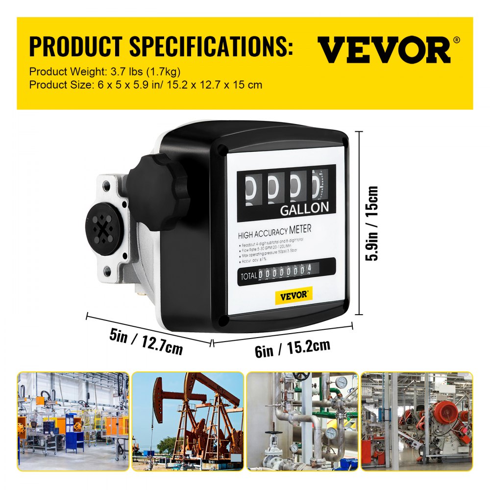 Medidor de combustible VEVOR con dimensiones y especificaciones del producto, aplicaciones industriales mostradas.