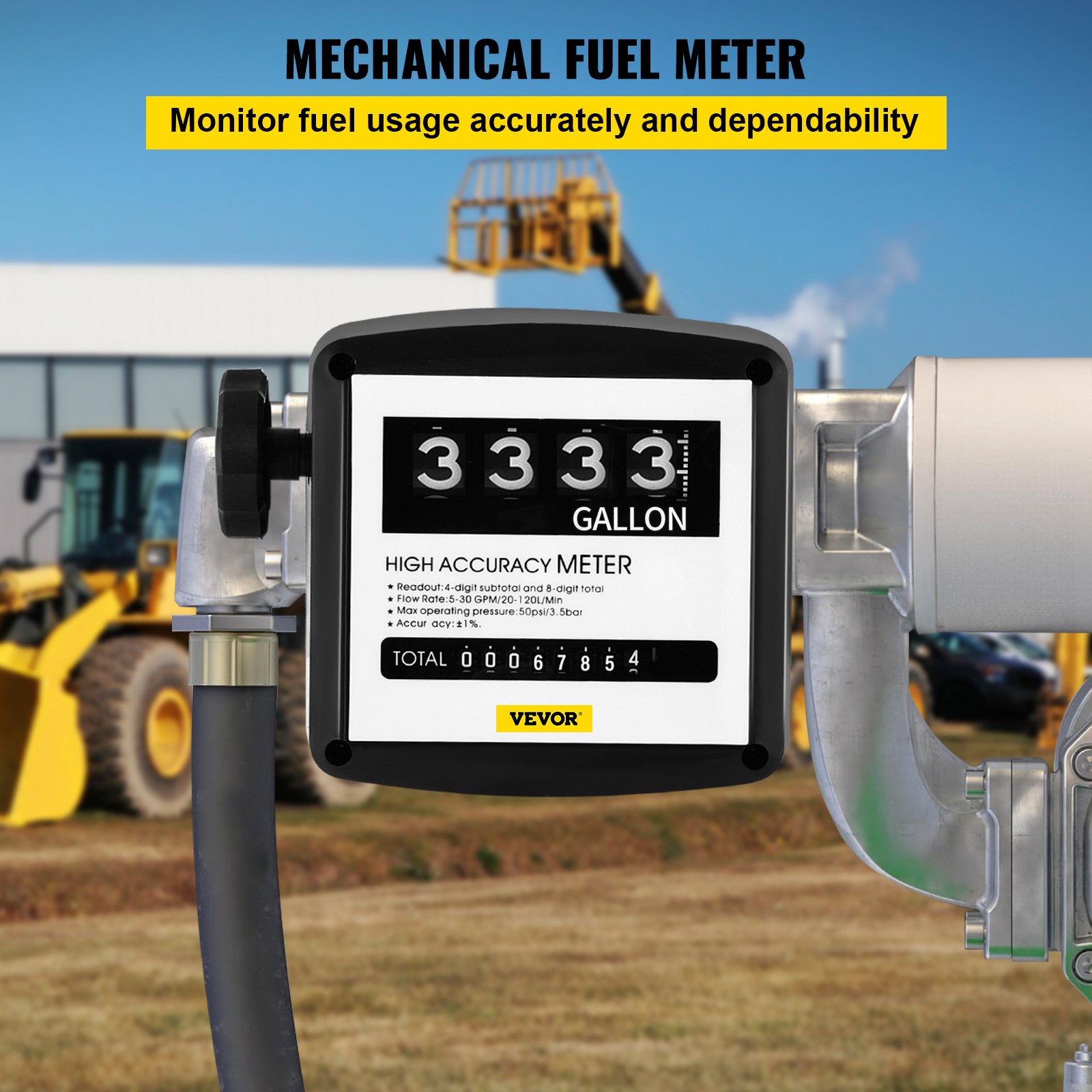 Medidor de combustible VEVOR con totalizador y medidor de alta precisión que muestra incrementos de galones.