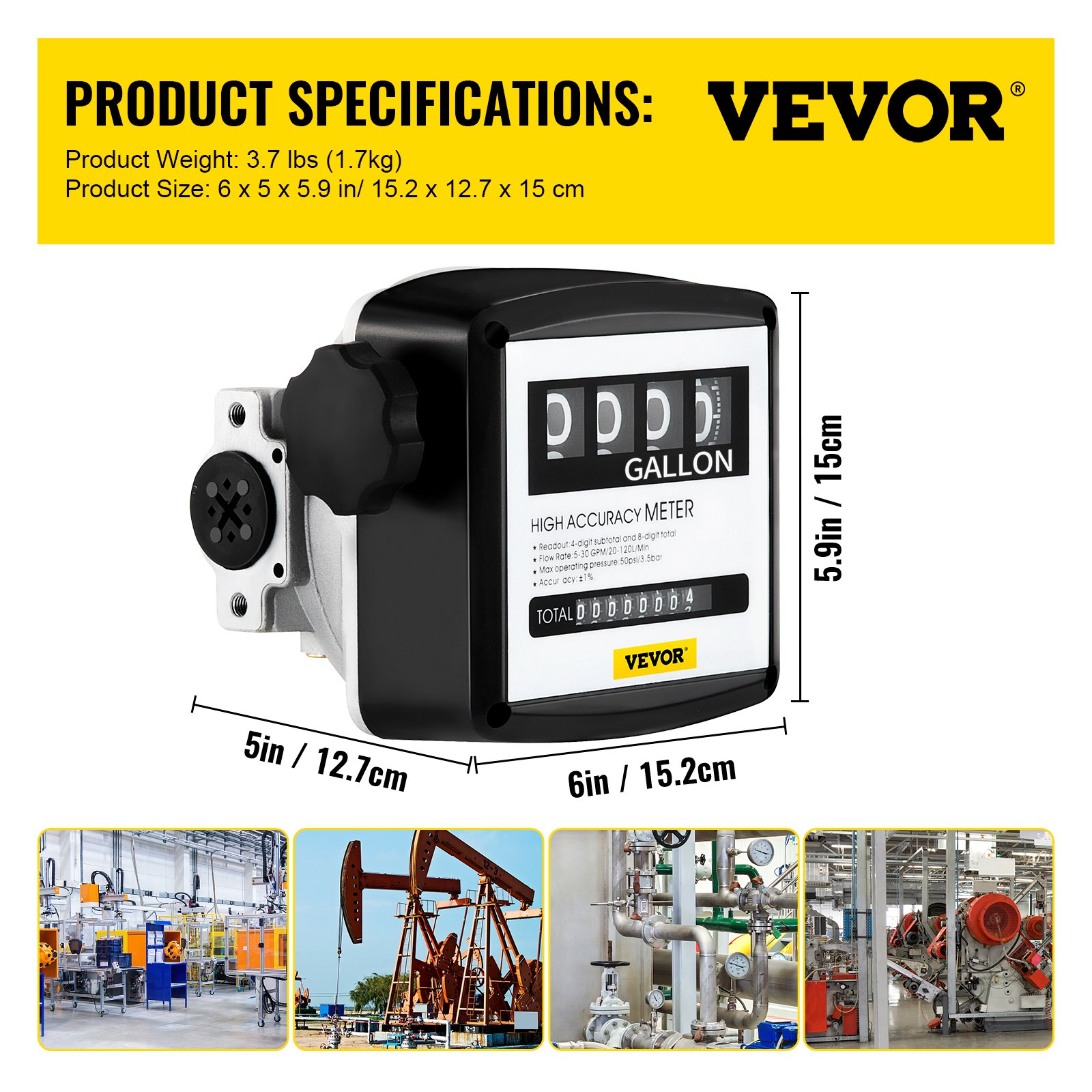 Medidor de combustible VEVOR con dimensiones y especificaciones del producto, aplicaciones industriales mostradas.