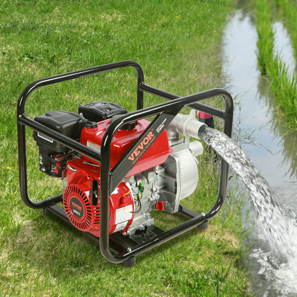 Bomba de agua a gasolina VEVOR, 2 pulgadas, 7 HP, 142 GPM, 148 pies de elevación, 22 pies de succión, bomba de transferencia de agua sucia a gasolina de 4 tiempos, portátil de alta presión con manguera de 25 pies para riego de piscinas, certificada por la EPA