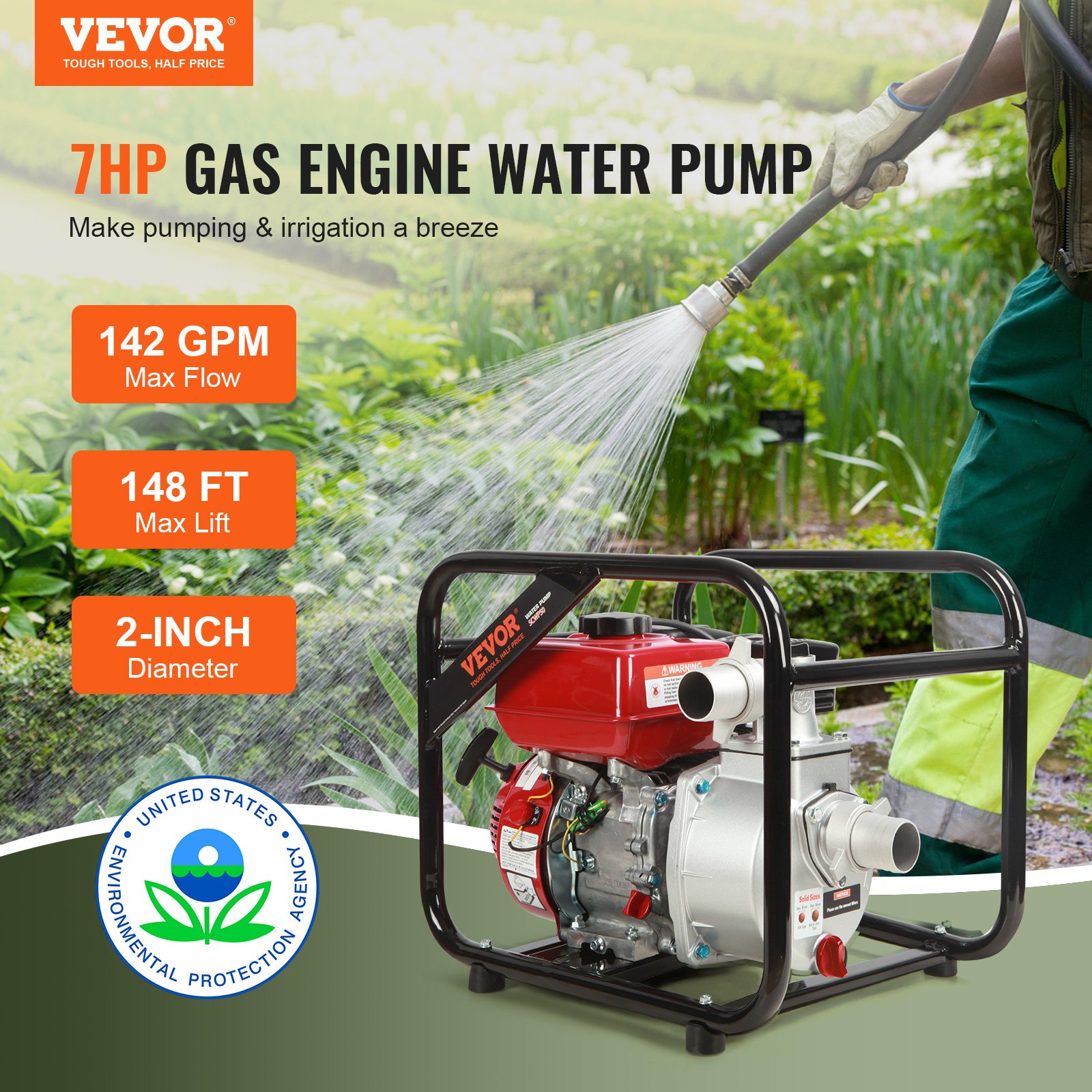 Bomba de agua a gasolina VEVOR, 2 pulgadas, 7 HP, 142 GPM, 148 pies de elevación, 22 pies de succión, bomba de transferencia de agua sucia a gasolina de 4 tiempos, portátil de alta presión con manguera de 25 pies para riego de piscinas, certificada por la EPA