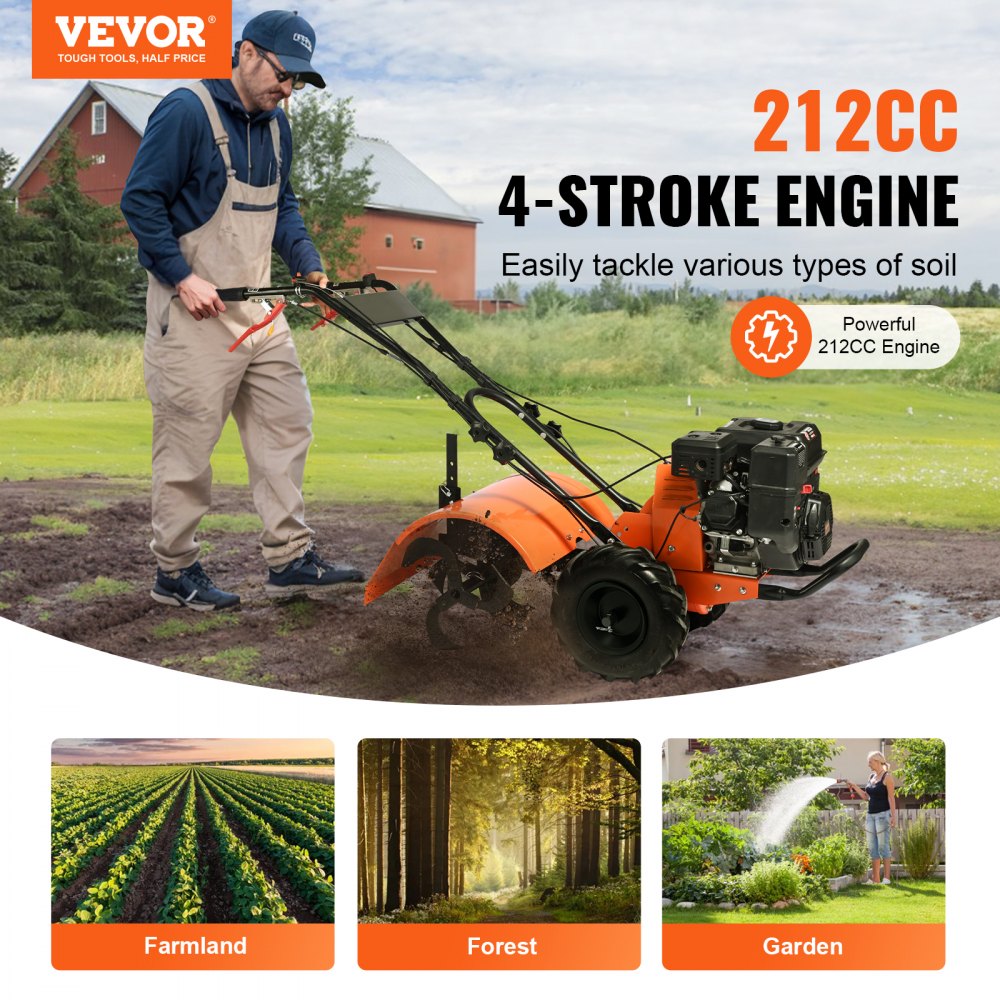 Cultivador VEVOR, cultivador de jardín de 212 cc y 4 tiempos, cultivador con 4 púas traseras ajustables de acero para el cultivo de césped, jardín y suelo agrícola.