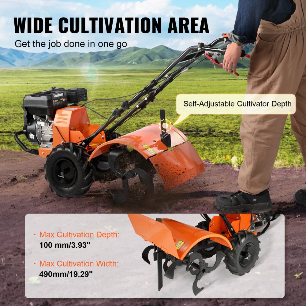 Cultivador VEVOR, cultivador de jardín de 212 cc y 4 tiempos, cultivador con 4 púas traseras ajustables de acero para el cultivo de césped, jardín y suelo agrícola.