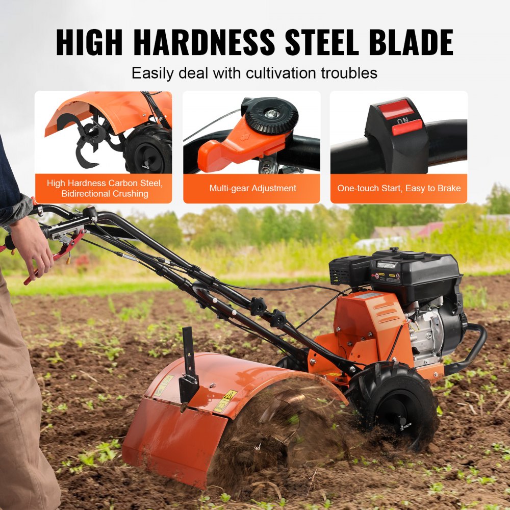 Cultivador VEVOR, cultivador de jardín de 212 cc y 4 tiempos, cultivador con 4 púas traseras ajustables de acero para el cultivo de césped, jardín y suelo agrícola.