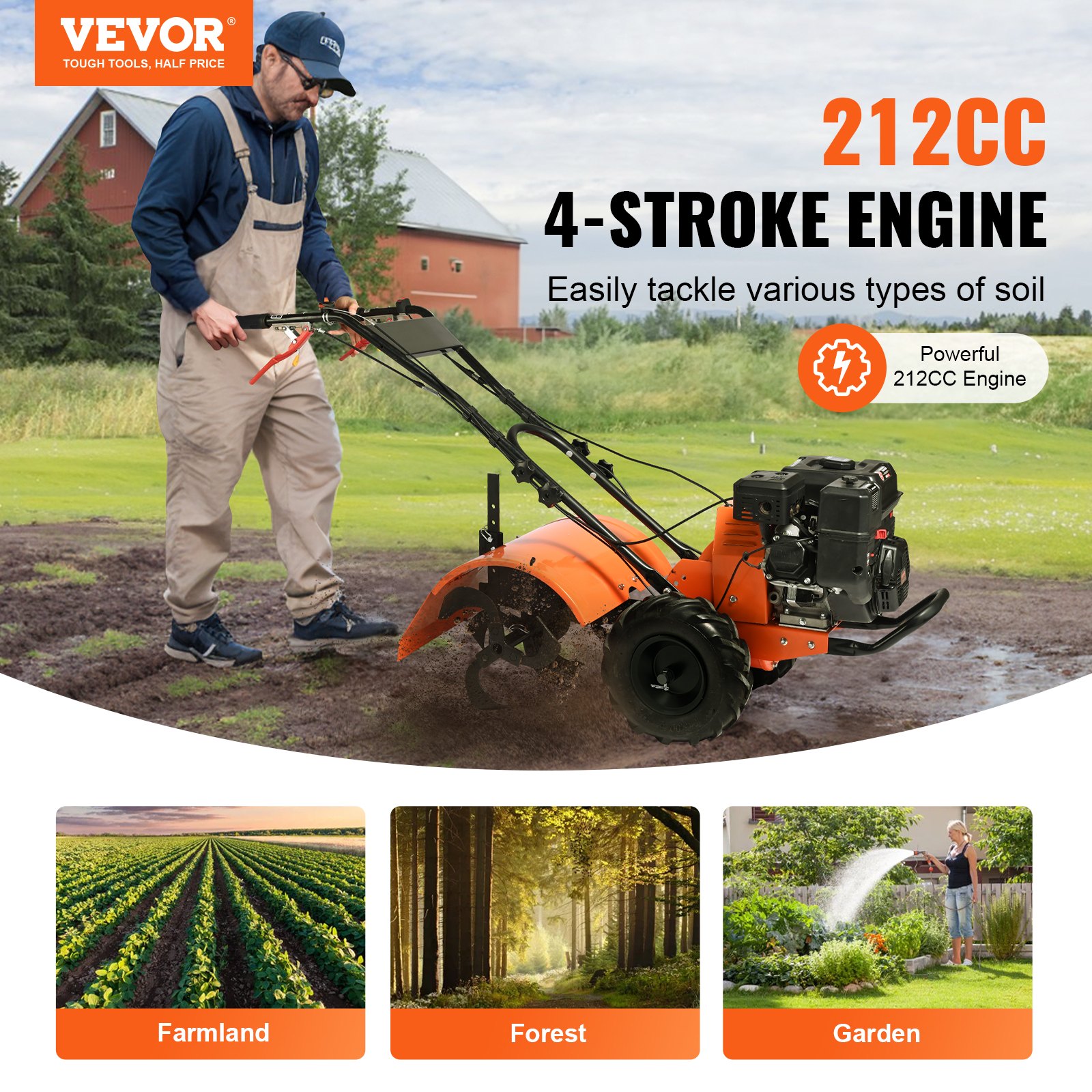 Cultivador VEVOR, cultivador de jardín de 212 cc y 4 tiempos, cultivador con 4 púas traseras ajustables de acero para el cultivo de césped, jardín y suelo agrícola.