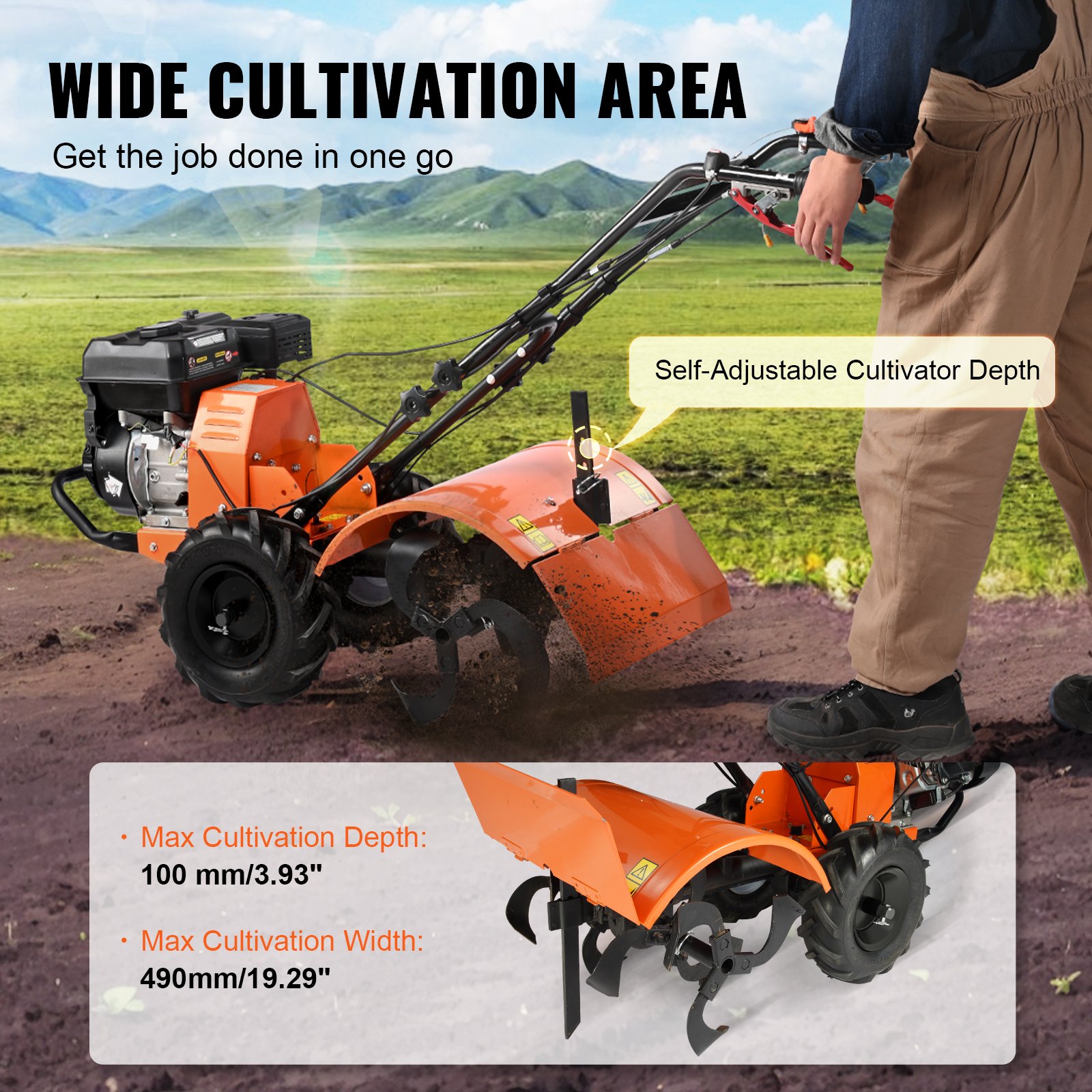 Cultivador VEVOR, cultivador de jardín de 212 cc y 4 tiempos, cultivador con 4 púas traseras ajustables de acero para el cultivo de césped, jardín y suelo agrícola.