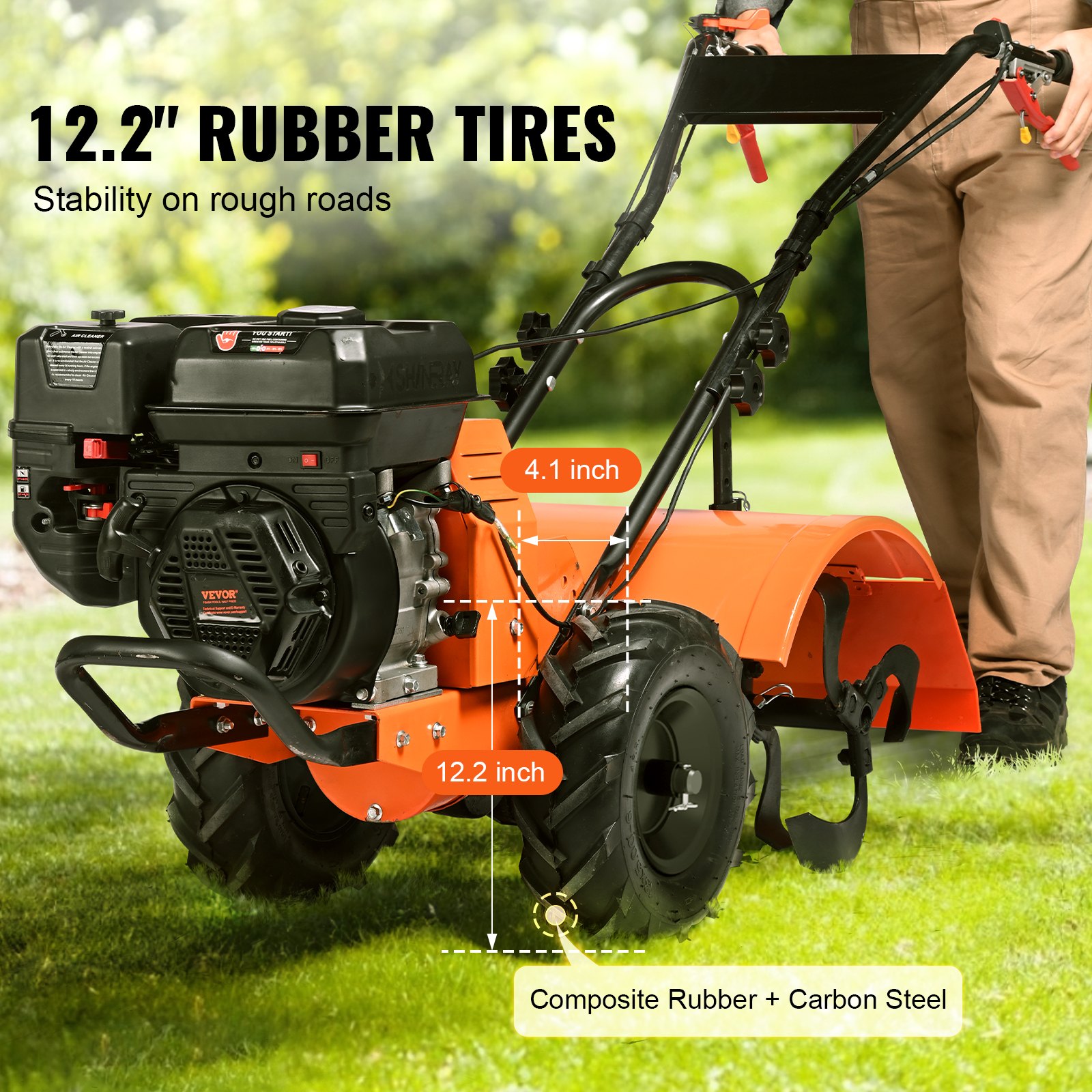 Cultivador VEVOR, cultivador de jardín de 212 cc y 4 tiempos, cultivador con 4 púas traseras ajustables de acero para el cultivo de césped, jardín y suelo agrícola.