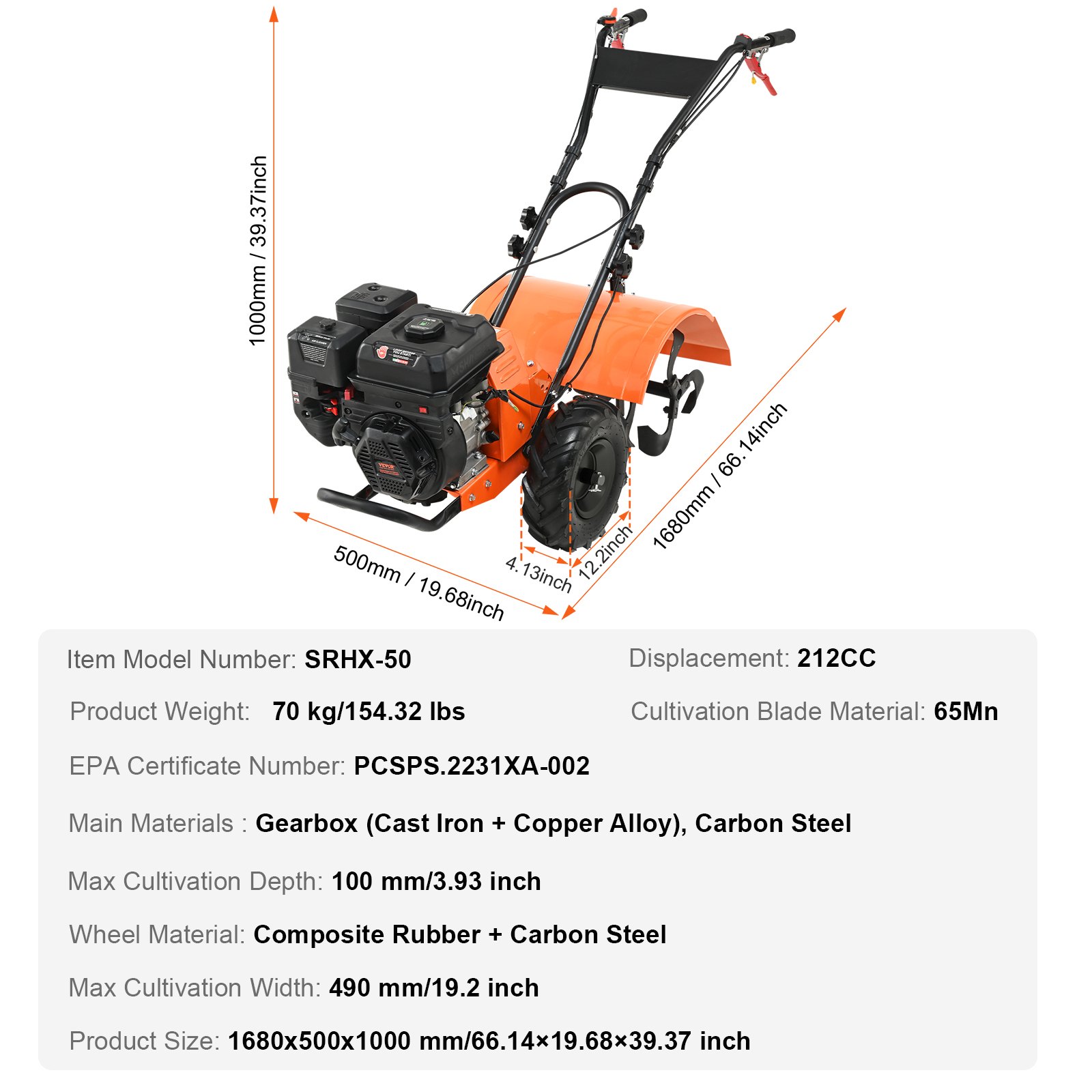 Cultivador VEVOR, cultivador de jardín de 212 cc y 4 tiempos, cultivador con 4 púas traseras ajustables de acero para el cultivo de césped, jardín y suelo agrícola.