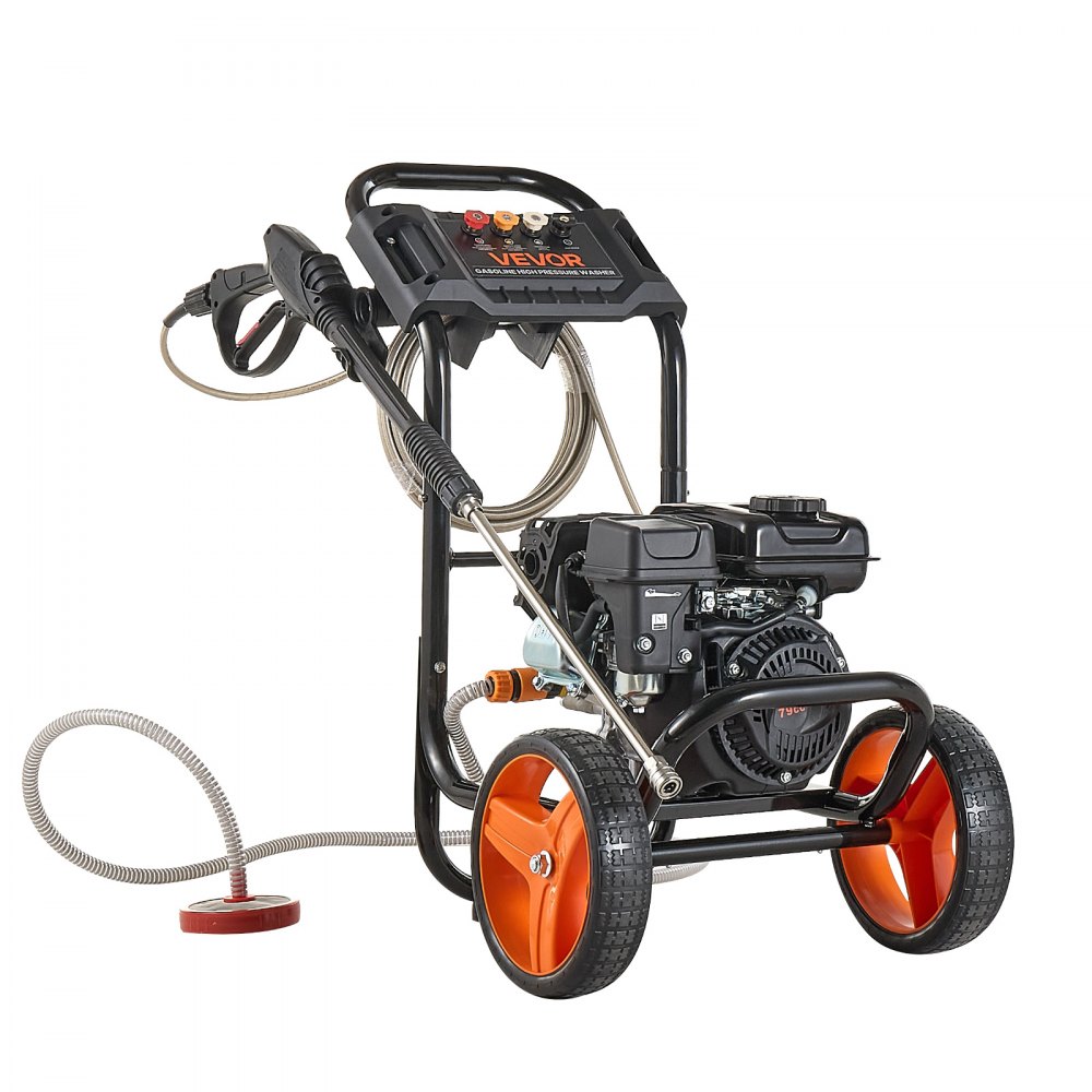 Hidrolavadora a gasolina VEVOR de 2900 PSI y 1,85 GPM máx., bomba de aluminio mejorada con pistola rociadora y varilla, juego de 4 boquillas, hidrolavadora de perfil bajo para autos, cercas, entradas de vehículos, casas, patios y muebles.