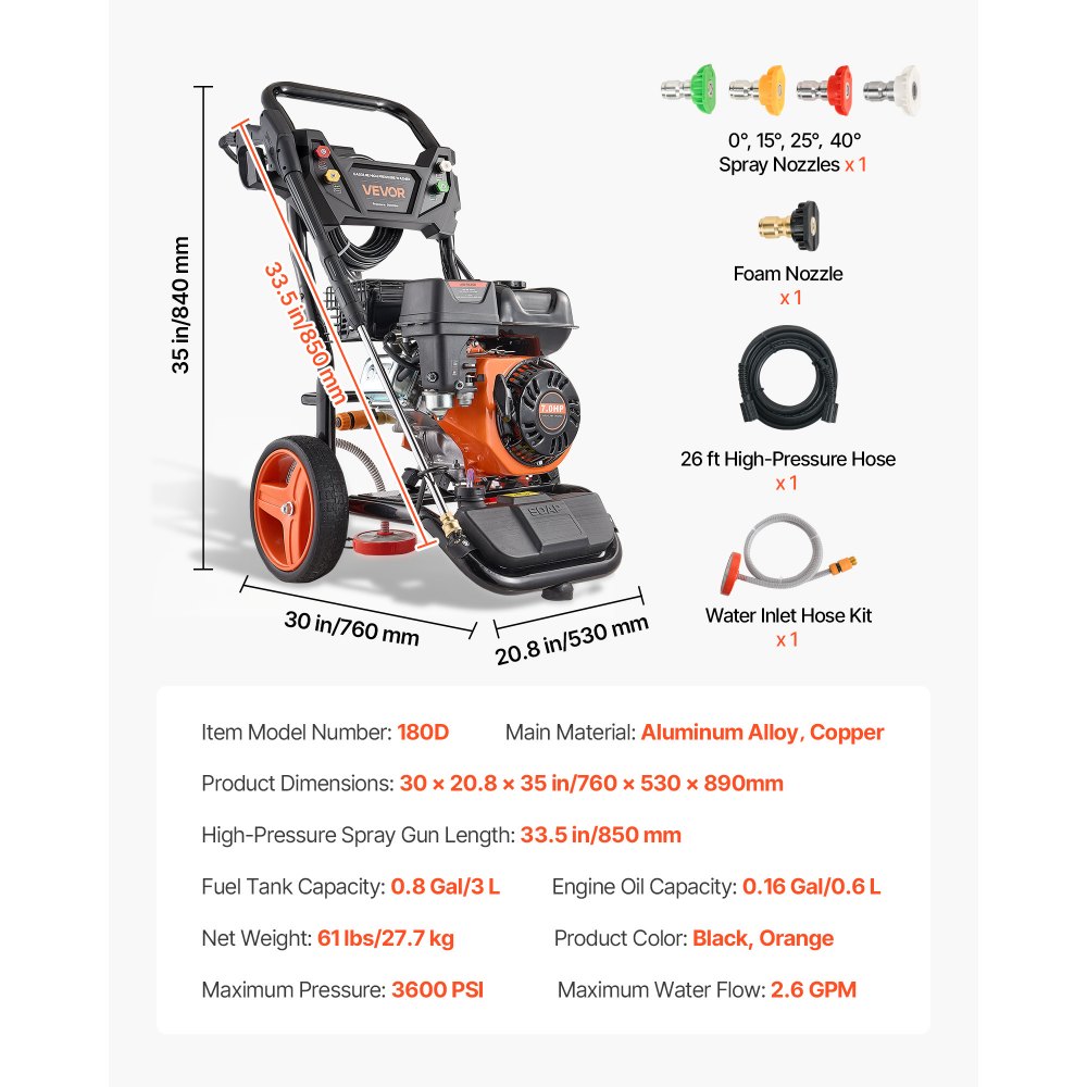 Hidrolavadora a gasolina VEVOR de 3600 PSI y 2.6 GPM máximo, bomba de cobre, pistola y lanza, juego de 5 boquillas, manguera de 26 pies. Hidrolavadora a gasolina para autos, cercas, entradas de vehículos, casas, patios y muebles.