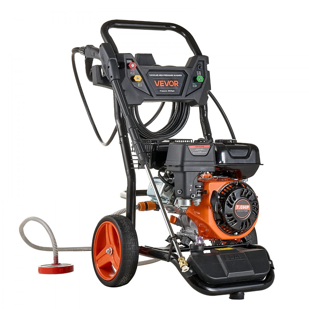 Hidrolavadora a gasolina VEVOR de 3600 PSI y 2.6 GPM máximo, bomba de cobre, pistola y lanza, juego de 5 boquillas, manguera de 26 pies. Hidrolavadora a gasolina para autos, cercas, entradas de vehículos, casas, patios y muebles.