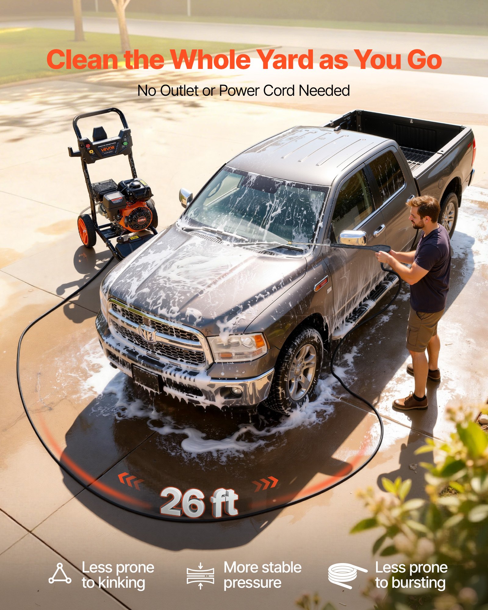 Hidrolavadora a gasolina VEVOR de 3600 PSI y 2.6 GPM máximo, bomba de cobre, pistola y lanza, juego de 5 boquillas, manguera de 26 pies. Hidrolavadora a gasolina para autos, cercas, entradas de vehículos, casas, patios y muebles.