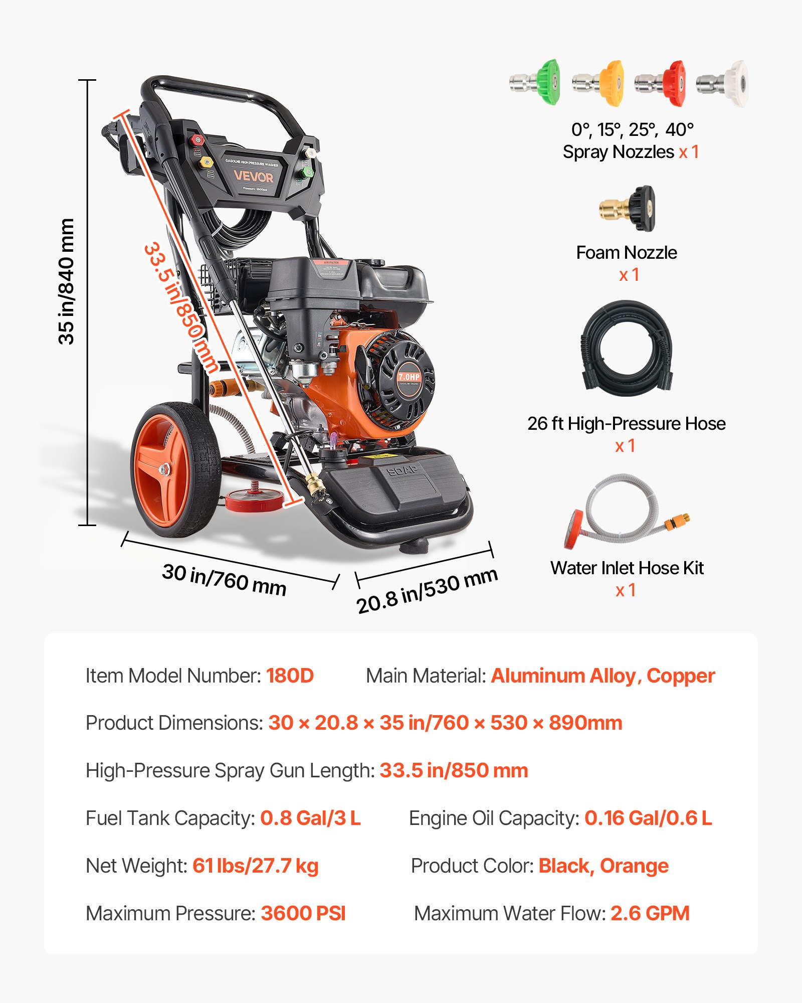Hidrolavadora a gasolina VEVOR de 3600 PSI y 2.6 GPM máximo, bomba de cobre, pistola y lanza, juego de 5 boquillas, manguera de 26 pies. Hidrolavadora a gasolina para autos, cercas, entradas de vehículos, casas, patios y muebles.