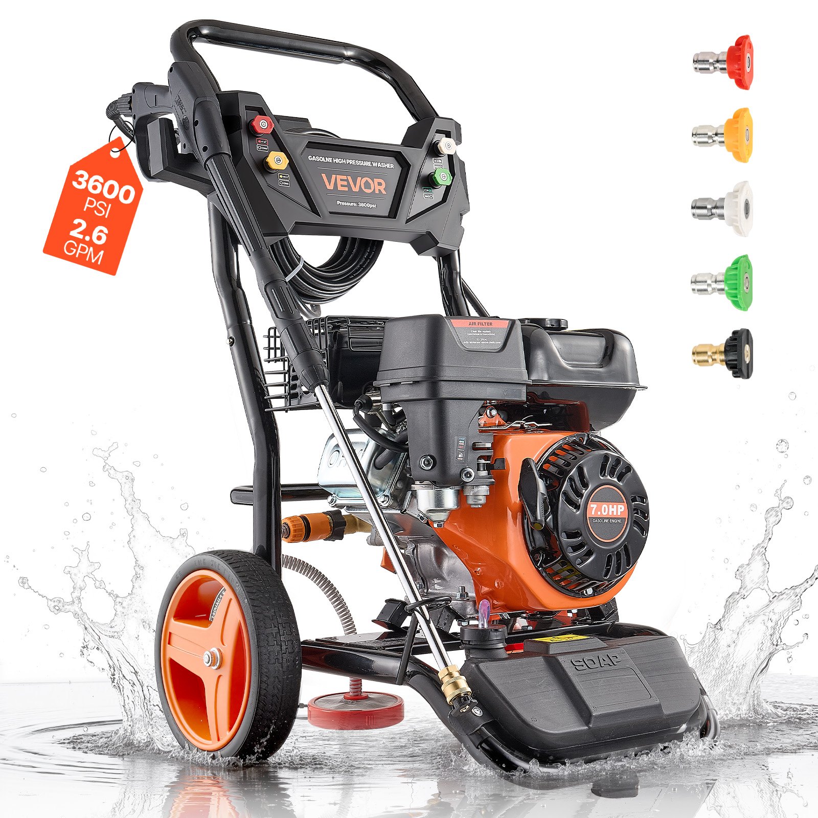 Hidrolavadora a gasolina VEVOR de 3600 PSI y 2.6 GPM máximo, bomba de cobre, pistola y lanza, juego de 5 boquillas, manguera de 26 pies. Hidrolavadora a gasolina para autos, cercas, entradas de vehículos, casas, patios y muebles.