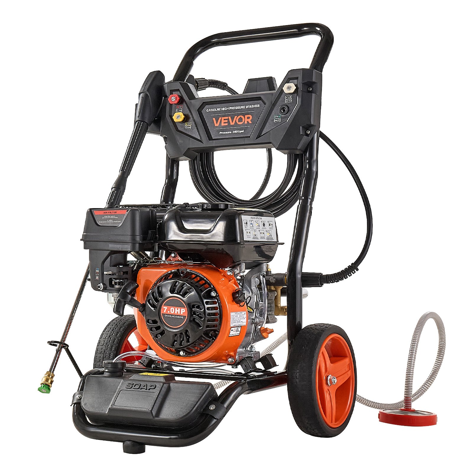 Hidrolavadora a gasolina VEVOR de 3600 PSI y 2.6 GPM máximo, bomba de cobre, pistola y lanza, juego de 5 boquillas, manguera de 26 pies. Hidrolavadora a gasolina para autos, cercas, entradas de vehículos, casas, patios y muebles.