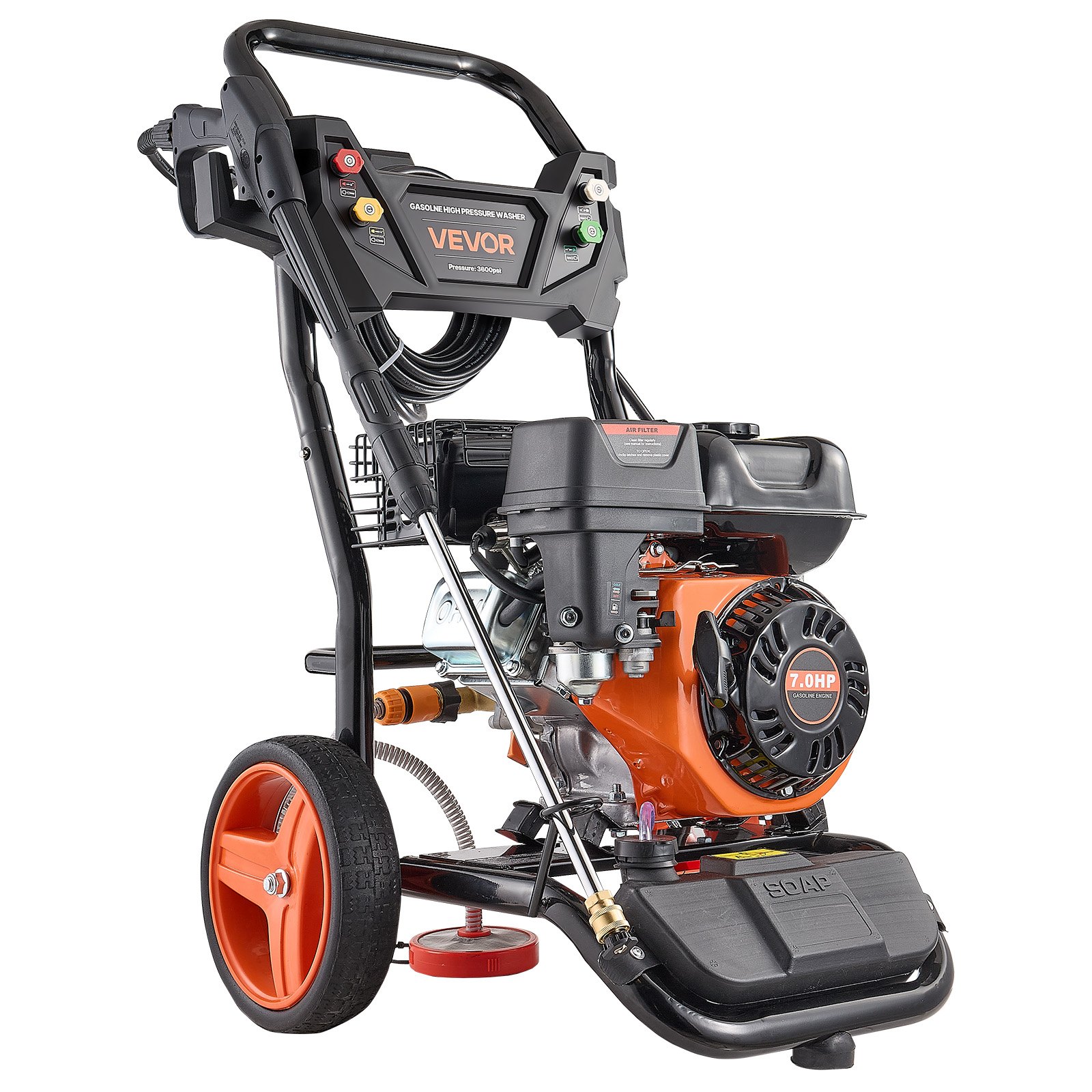 Hidrolavadora a gasolina VEVOR de 3600 PSI y 2.6 GPM máximo, bomba de cobre, pistola y lanza, juego de 5 boquillas, manguera de 26 pies. Hidrolavadora a gasolina para autos, cercas, entradas de vehículos, casas, patios y muebles.