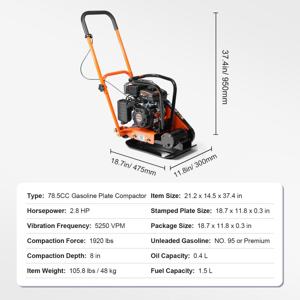 Compactador de placa VEVOR, motor de gasolina de 2.8 HP y 98 CC, 5250 RPM, 1920 lb de fuerza, compactador vibratorio con placa de 18.7 x 11.8 pulgadas para pasarelas, patios, asfalto, paisajismo con adoquines, cumple con la EPA.
