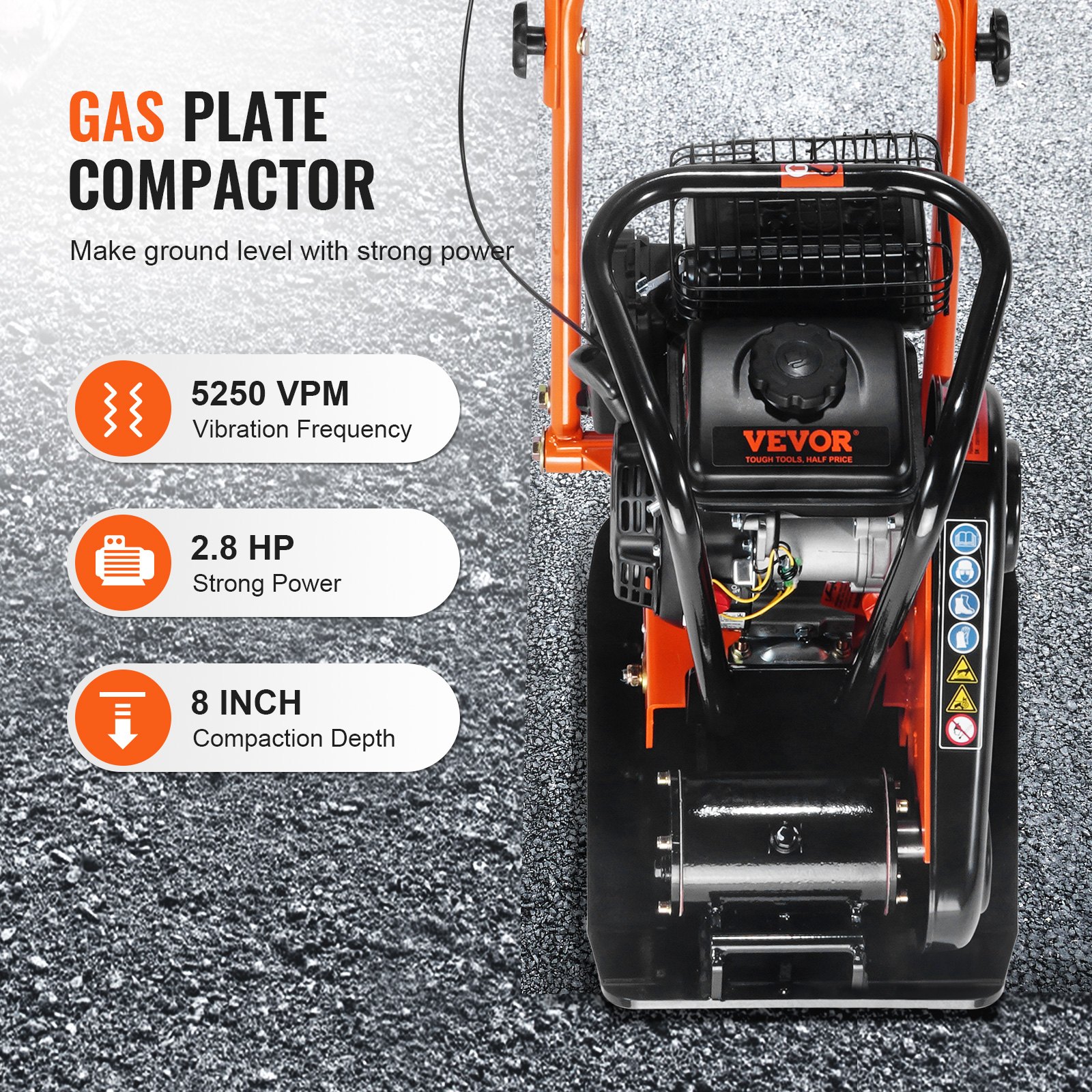 Compactador de placa VEVOR, motor de gasolina de 2.8 HP y 98 CC, 5250 RPM, 1920 lb de fuerza, compactador vibratorio con placa de 18.7 x 11.8 pulgadas para pasarelas, patios, asfalto, paisajismo con adoquines, cumple con la EPA.