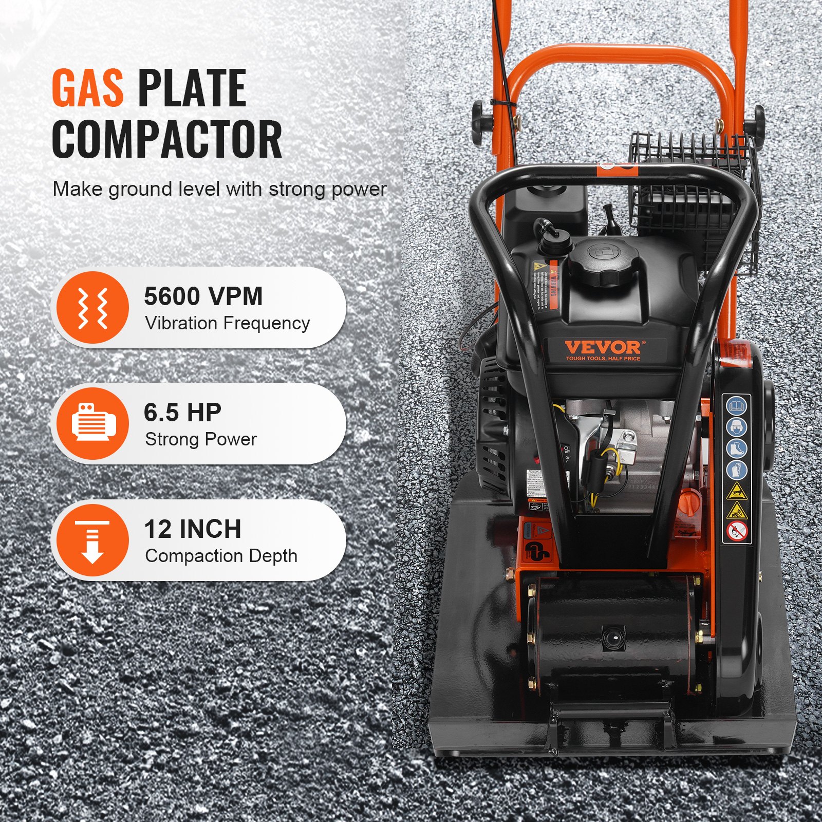 Compactador de placa VEVOR de 6.5 HP, motor de gasolina de 196 cc, compactador vibratorio de 2360 lb, compactador de placa de 22.1 x 15.9 pulgadas, compactador de pavimento de 5600 VPM para pasarelas, asfalto, paisajismo con adoquines