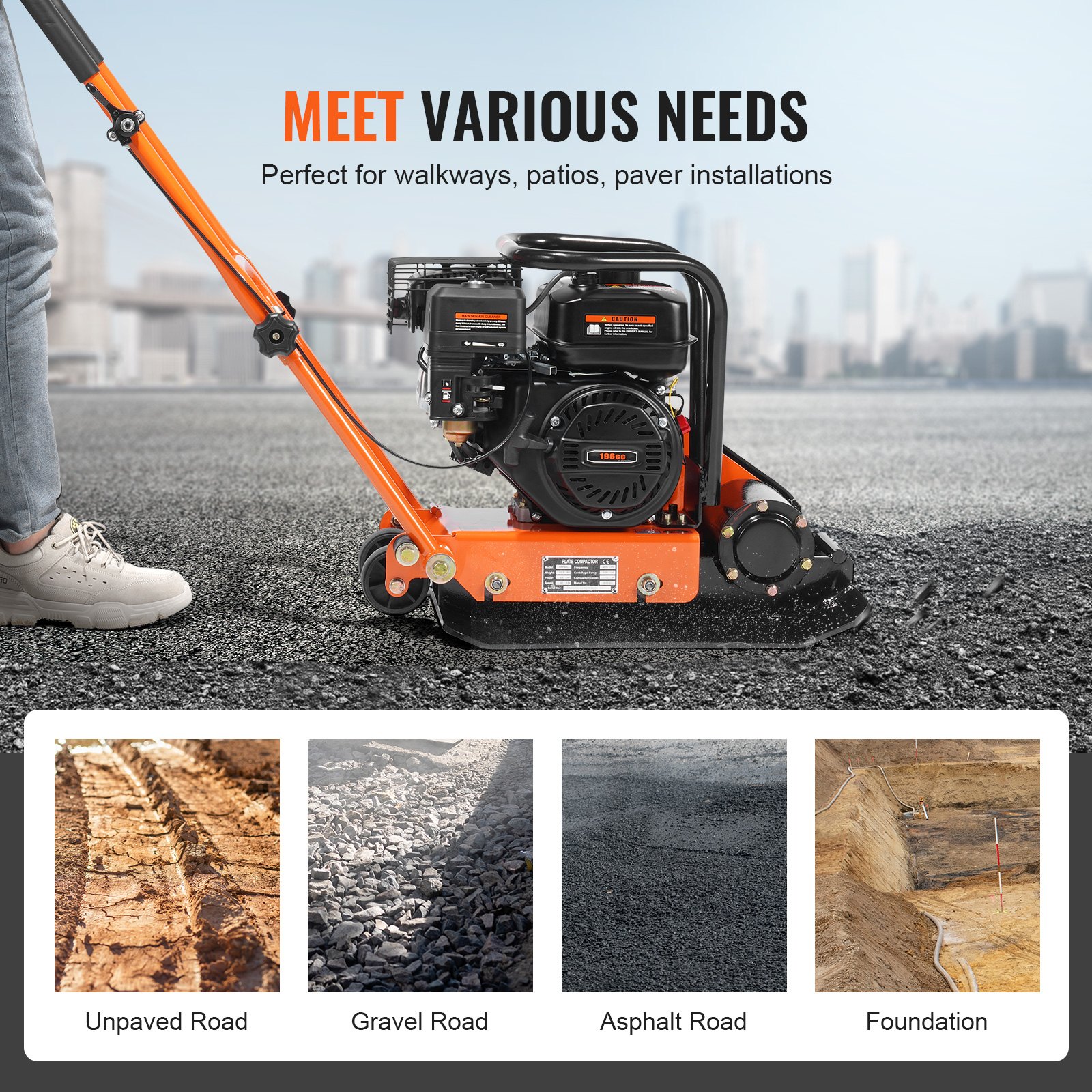 Compactador de placa VEVOR de 6.5 HP, motor de gasolina de 196 cc, compactador vibratorio de 2360 lb, compactador de placa de 22.1 x 15.9 pulgadas, compactador de pavimento de 5600 VPM para pasarelas, asfalto, paisajismo con adoquines