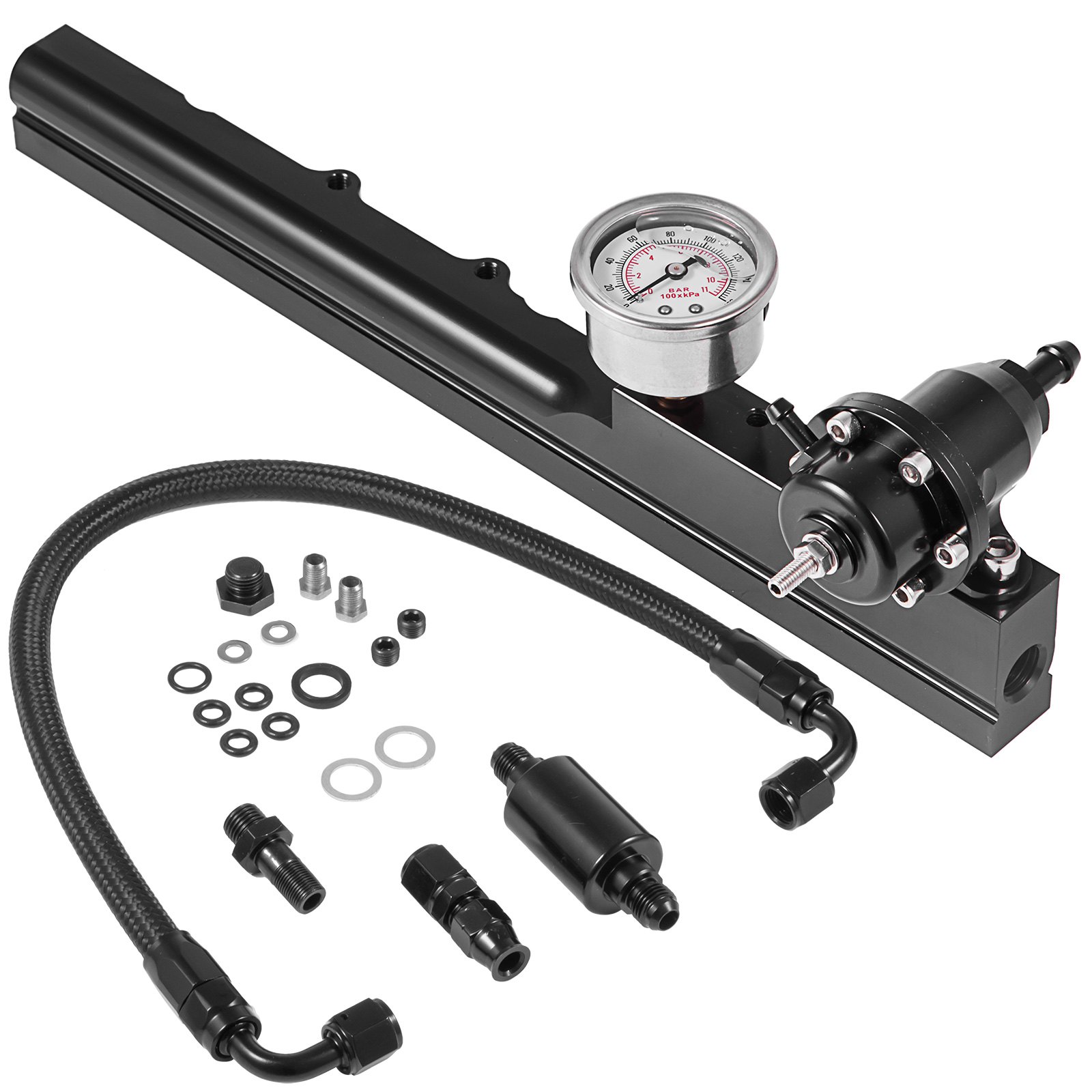 VEVOR Kit de riel de combustible de tamaño de orificio de combustible de 1/2 "Motores intercambiados de la serie B de 1/8 NPT con indicador de regulador de presión de combustible 6AN Accesorio para línea de riel de combustible a combustible