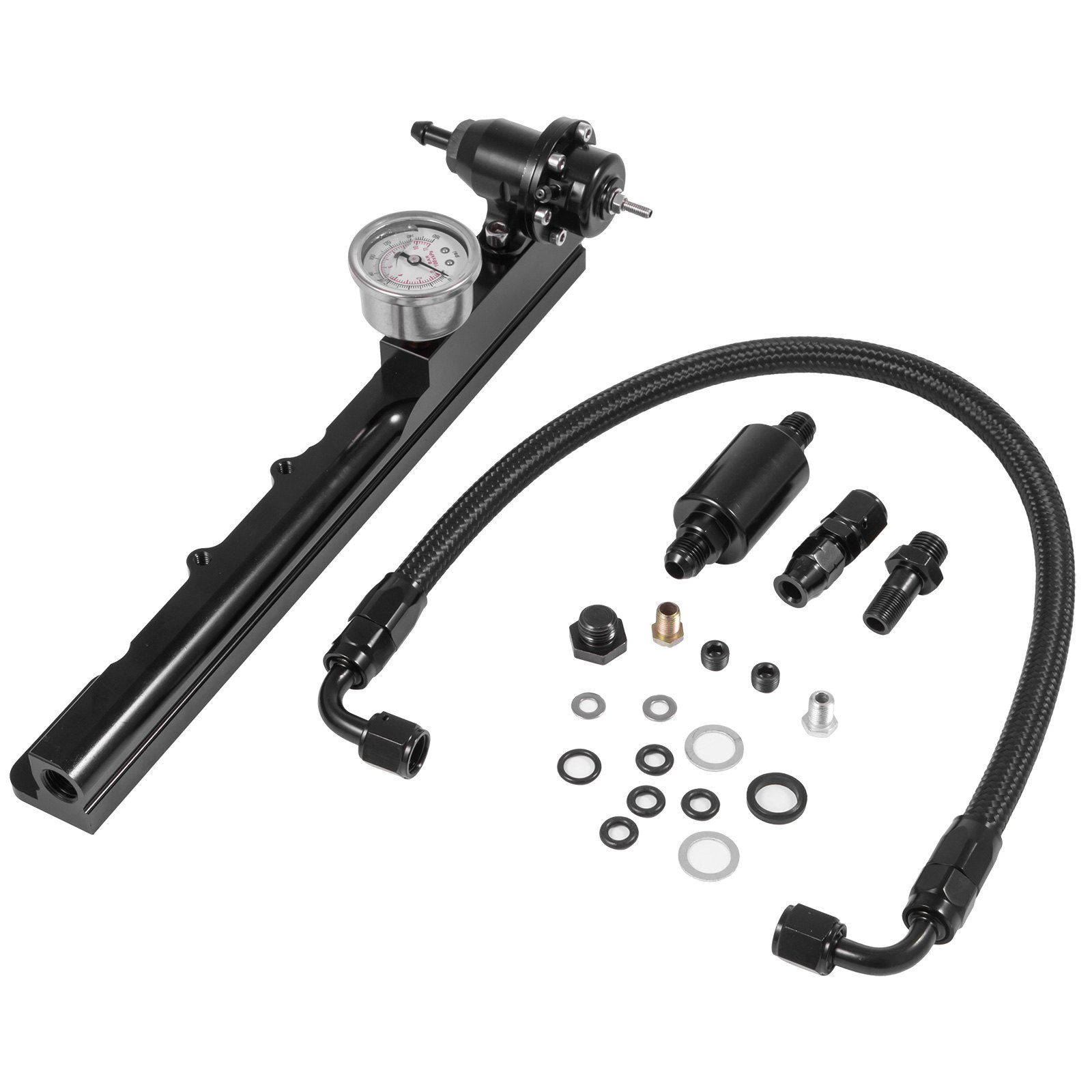 VEVOR Kit de riel de combustible de tamaño de orificio de combustible de 1/2 "Motores intercambiados de la serie B de 1/8 NPT con indicador de regulador de presión de combustible 6AN Accesorio para línea de riel de combustible a combustible