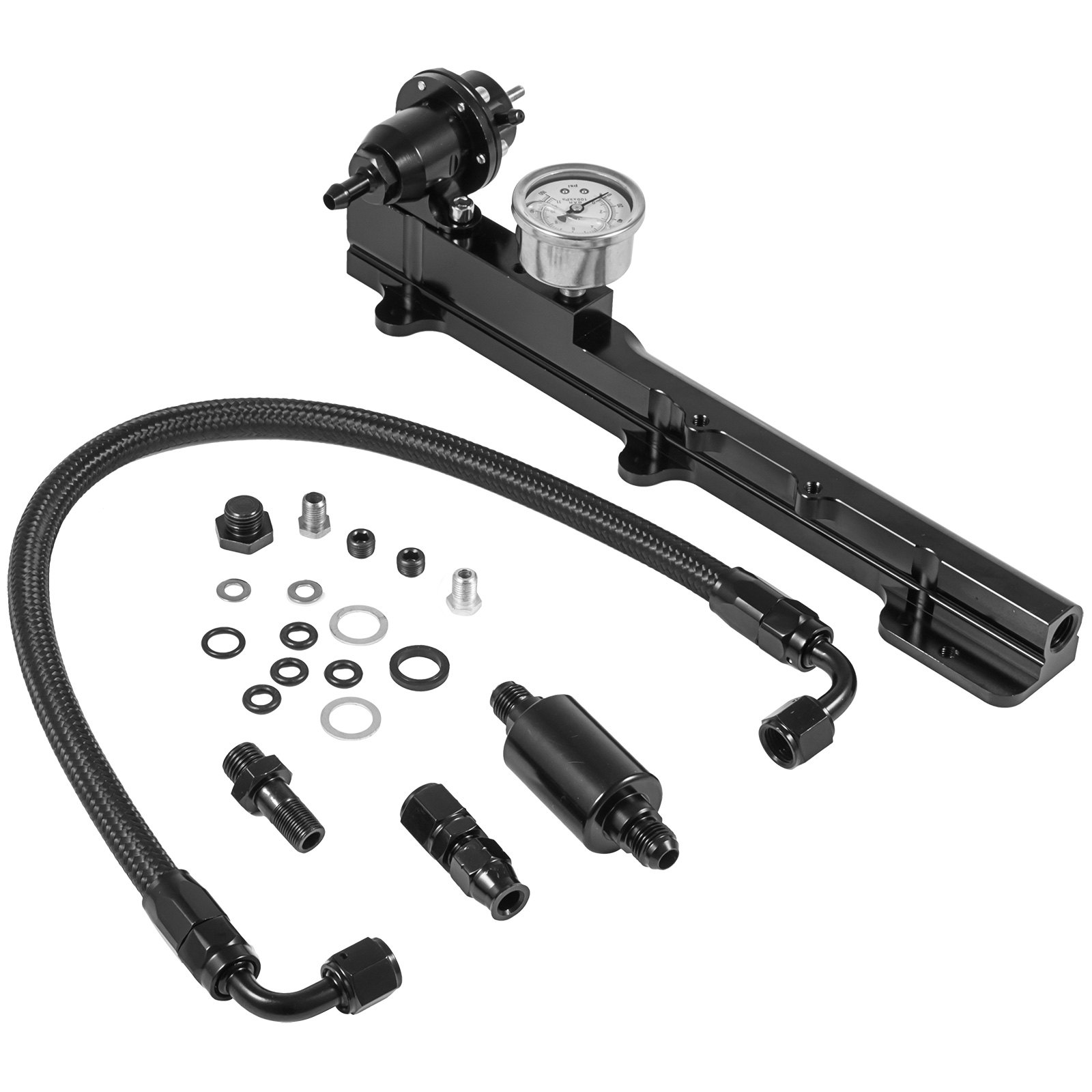 VEVOR Kit de riel de combustible de tamaño de orificio de combustible de 1/2 "Motores intercambiados de la serie B de 1/8 NPT con indicador de regulador de presión de combustible 6AN Accesorio para línea de riel de combustible a combustible