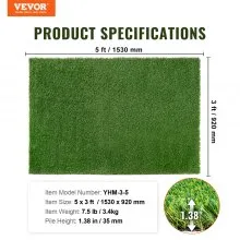 VEVOR Césped artificial, alfombra de césped verde de 3 x 5 pies, felpudo falso de 1,38 pulgadas para decoración de patio al aire libre, fácil de limpiar con orificios de drenaje, perfecto para usos múltiples, entrada interior del hogar, tapetes para perros