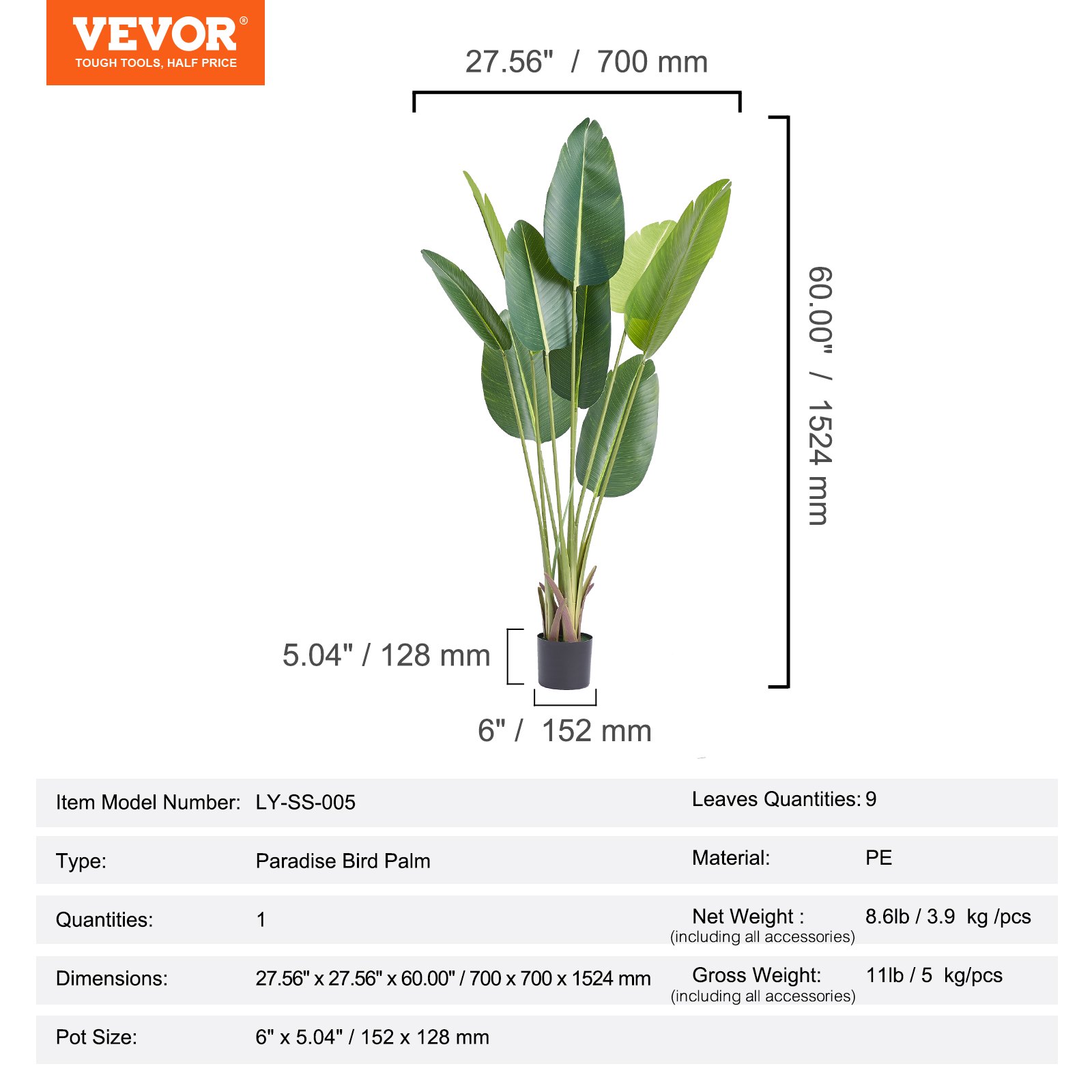 VEVOR Árbol artificial de ave del paraíso, 1,5 m de altura, material de polietileno y protección antivuelco, planta de bajo mantenimiento, árbol artificial verde realista para decoración de interiores y exteriores, hogar, oficina y almacén.