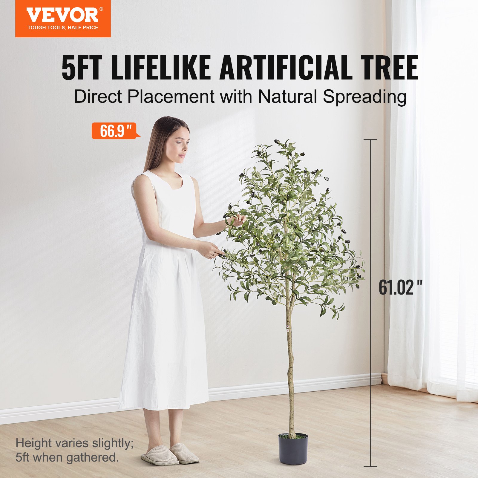 Olivo artificial VEVOR, 1,5 m de altura, material de polietileno seguro y protección antivuelco, planta de bajo mantenimiento, árbol artificial verde realista en maceta para decoración de interiores y exteriores.