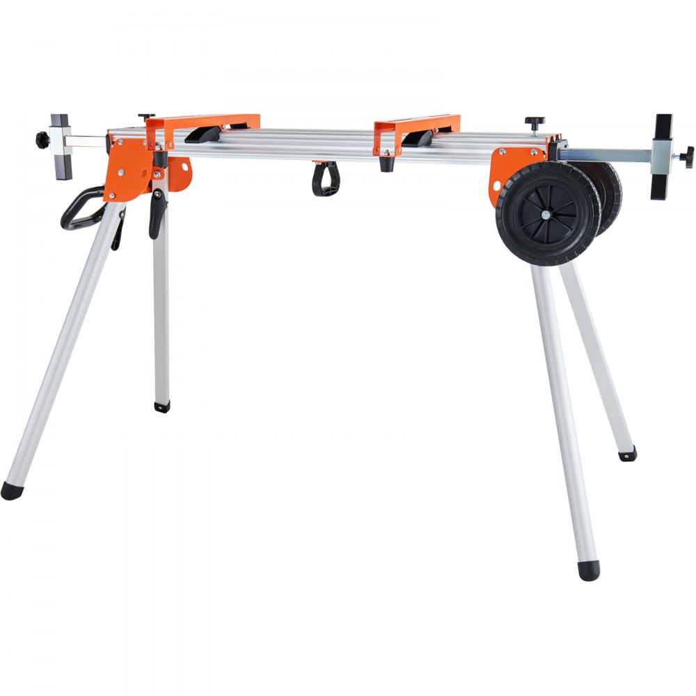 Soporte para sierra ingletadora VEVOR con patas ajustables y ruedas grandes para estabilidad y portabilidad.