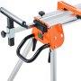 Soporte para sierra ingletadora VEVOR con brazo de soporte ajustable y marco de metal resistente en naranja y negro.
