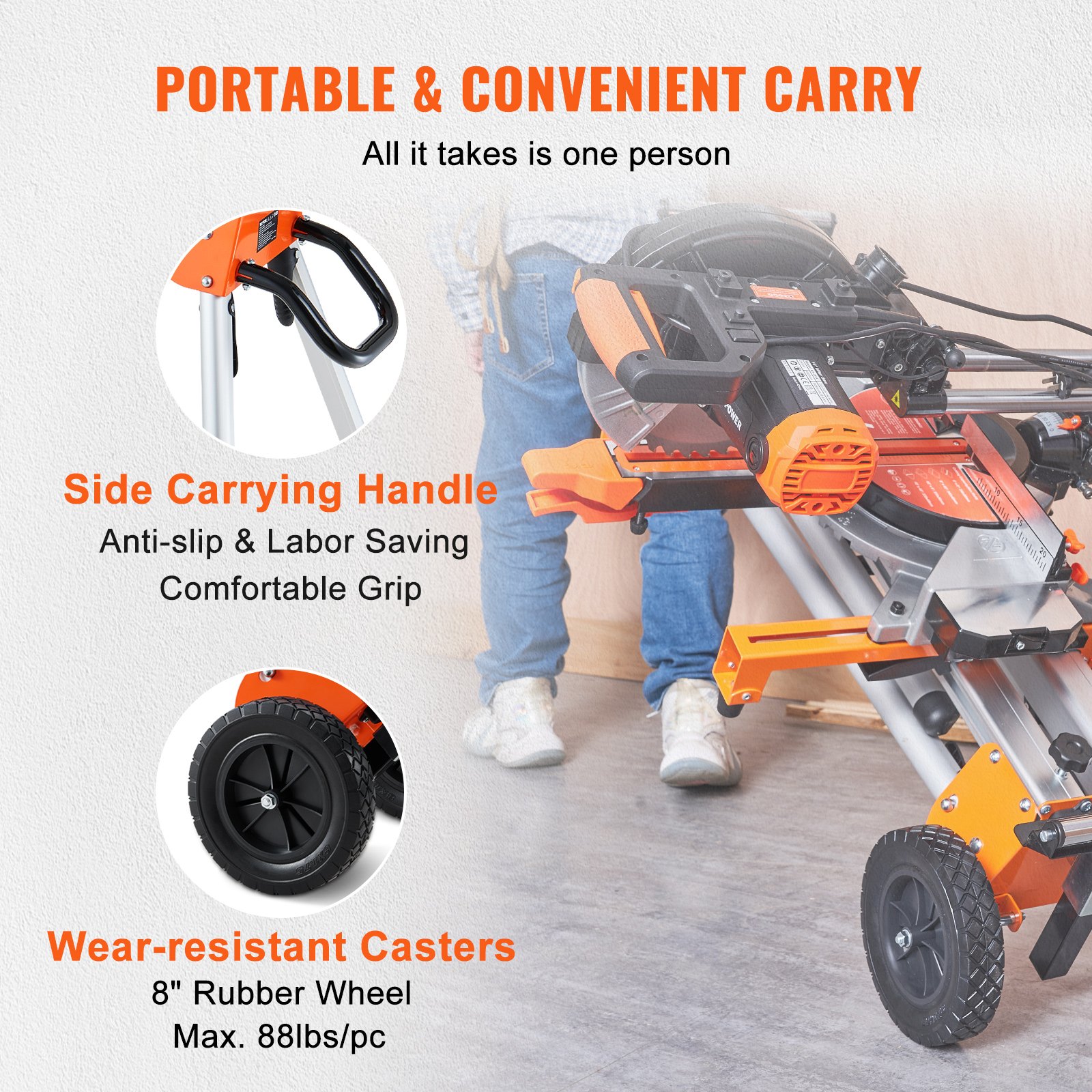 Soporte portátil para sierra ingletadora VEVOR con asa de transporte lateral y ruedas de goma de 8&quot; resistentes al desgaste para facilitar el transporte.