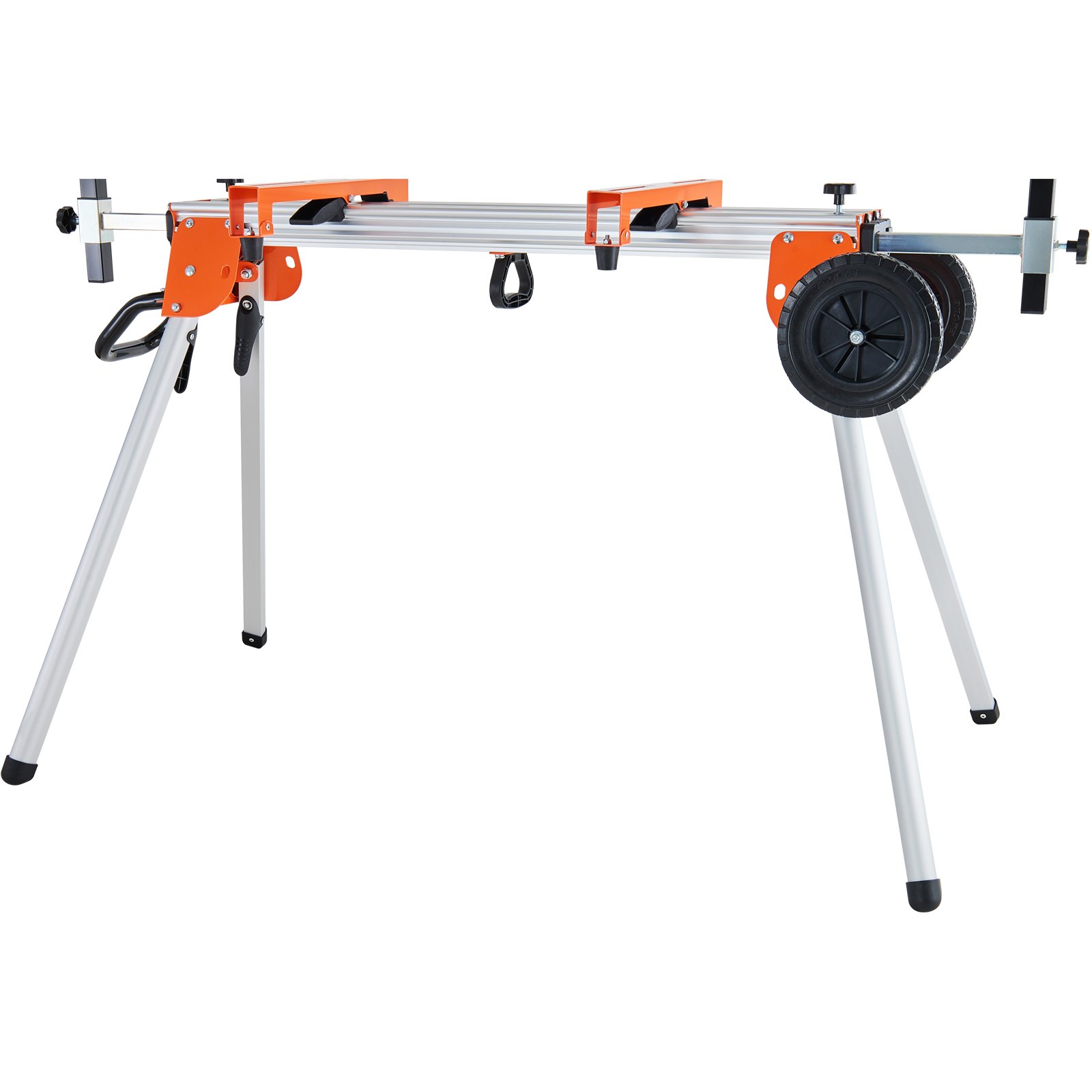 Soporte para sierra ingletadora VEVOR con patas ajustables y ruedas grandes para estabilidad y portabilidad.