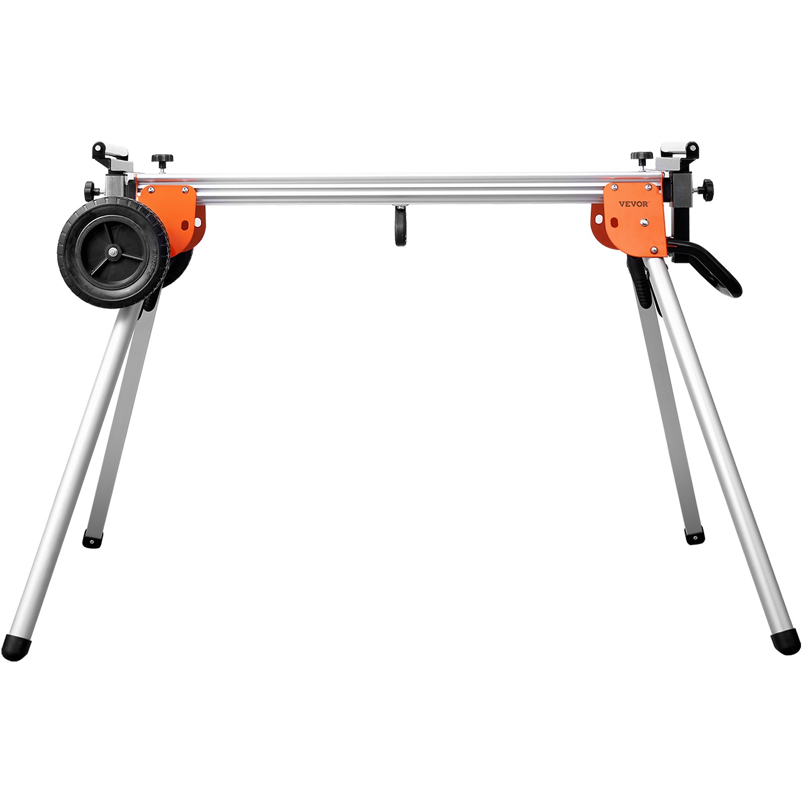 Soporte para sierra ingletadora VEVOR con patas ajustables, ruedas grandes y marco naranja resistente para mayor estabilidad.