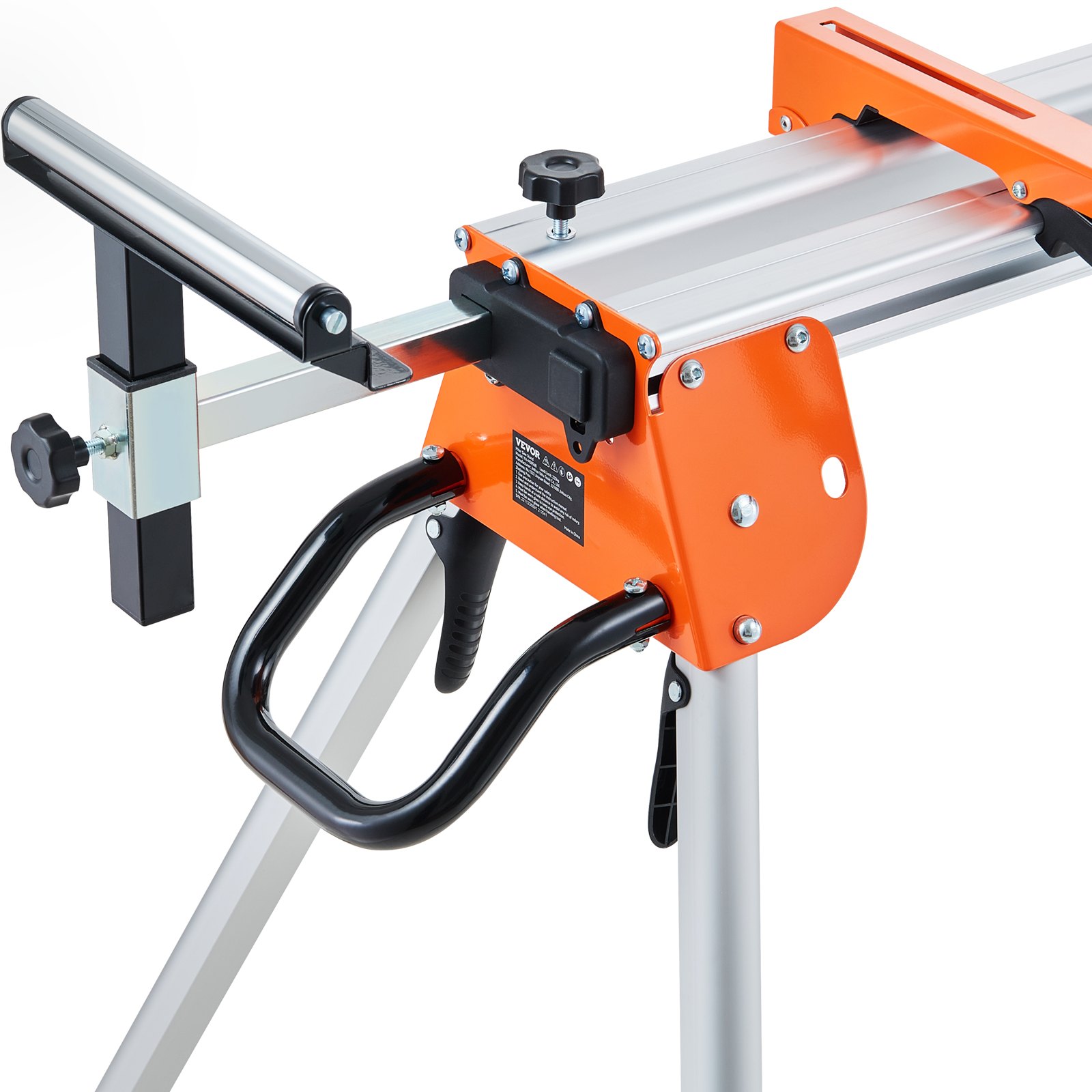 Soporte para sierra ingletadora VEVOR con brazo de soporte ajustable y marco de metal resistente en naranja y negro.