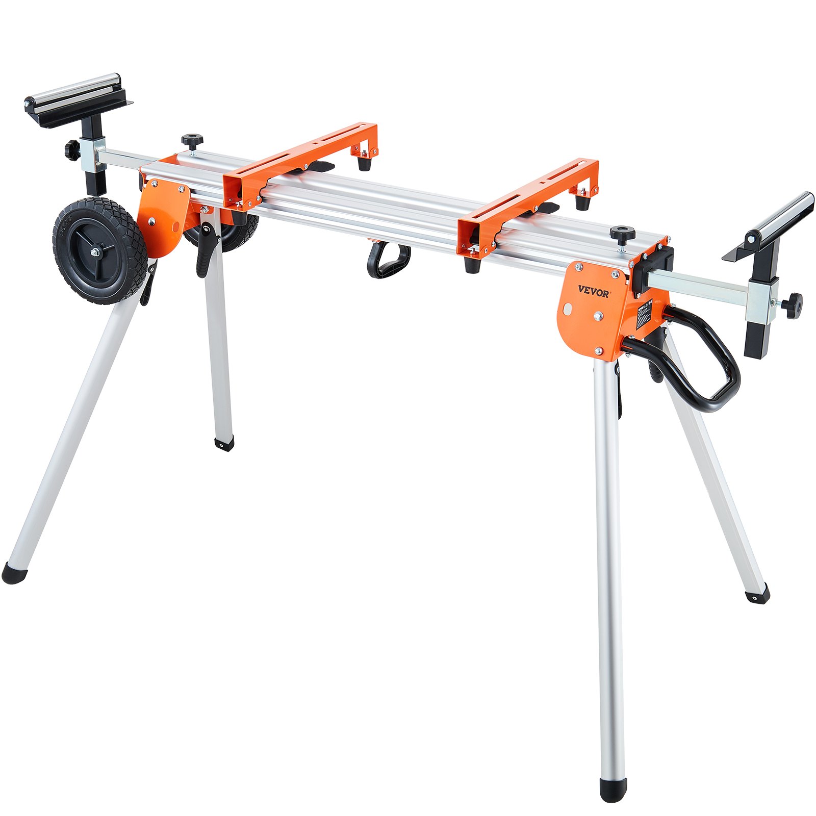 Soporte para sierra ingletadora VEVOR con brazos de soporte ajustables, patas plegables y ruedas duraderas para un fácil transporte.